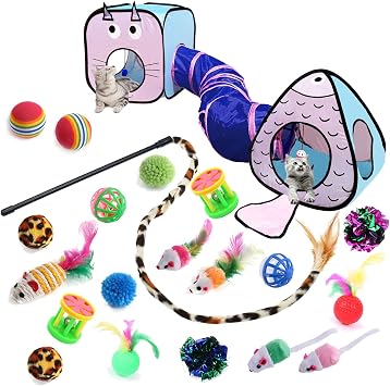 GONPET Set for Indoor Cats 23 PCS Kitten Toys, Incl. Collapsible Pet Tunnel, Interactive Cat Teaser Wand & Balls