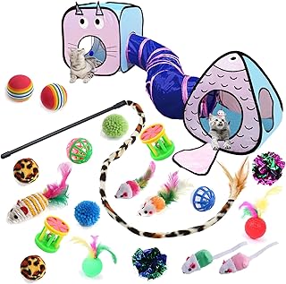 GONPETGP Cat Toys for Indoor Cats, 23 PCS Kitten Toys Set, Collapsible Pet Tunnel Cube Tent Toys, Interactive Cat Feather Teaser Wand Cat Bell Balls Fuzzy Ball Springs Mouse Toys for Cat Kitty