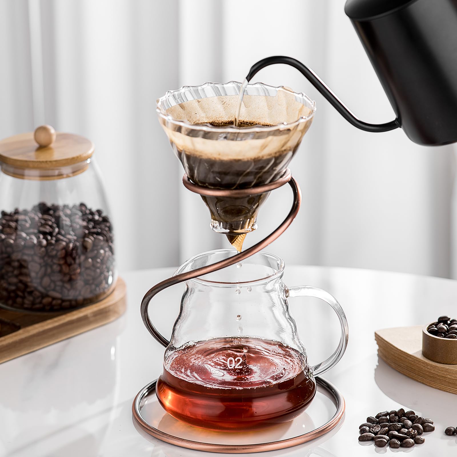 Coffee Pour Over Set - Complete Pour Over Coffee Maker with Dripper, 40Filters and Metal Stand - Portable & Stylish V60 Style Drip Coffee Brewer