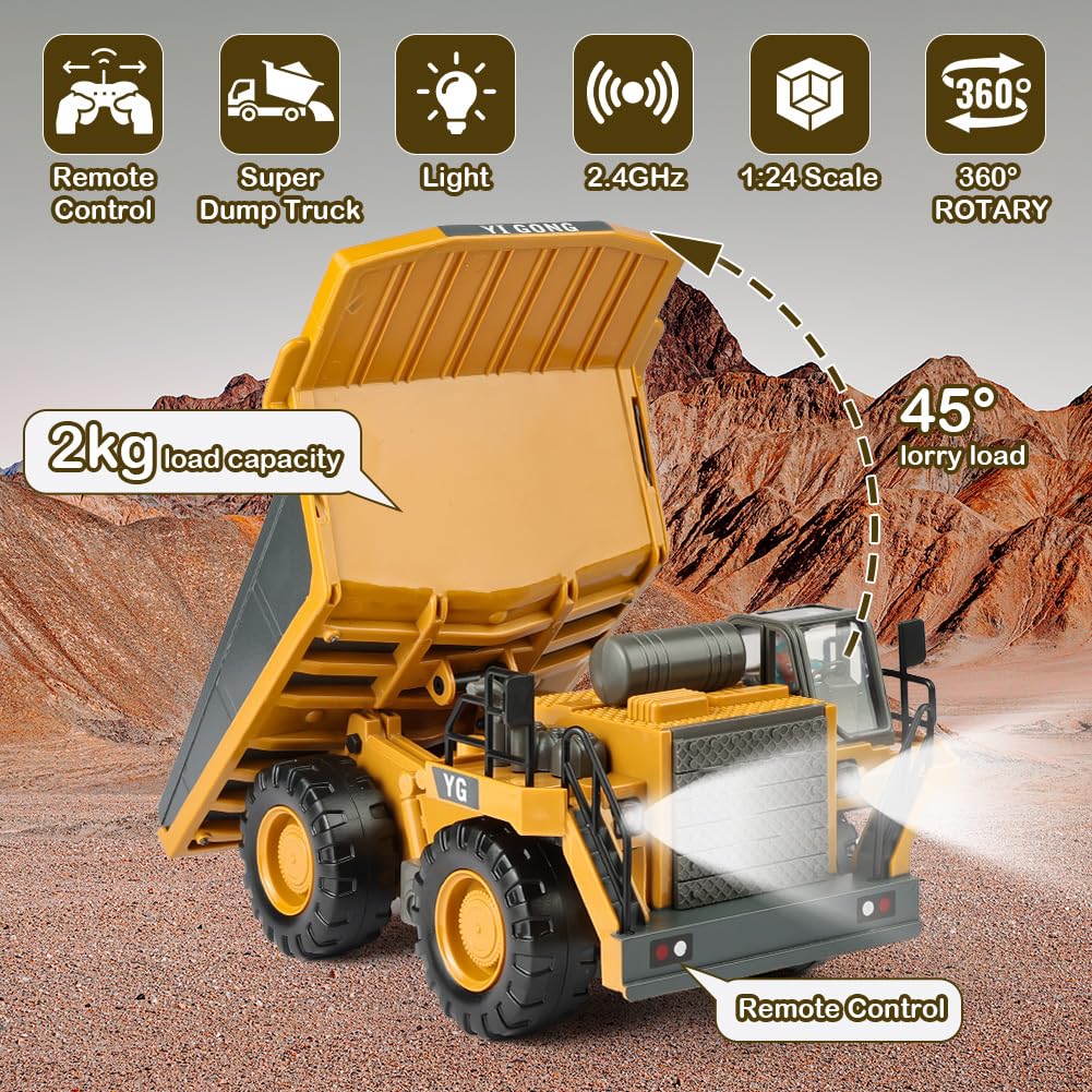 Aolso Camion-Benne Télécommandé, Véhicule de Construction RC pour Enfants, Jouet Tracteur RC 2,4 GHz avec Lumière et Son, 9 Canaux Camion Benne Jouet, pour 3+Ans, Cadeau de Noël et d'anniversaire