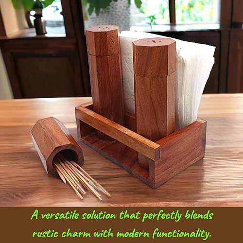 Miniatura 7 de K & R Servilletero de madera con salero y pimentero - Juego de 4 piezas rústico de mesa de cocina con soporte para palillos de dientes - Organizador