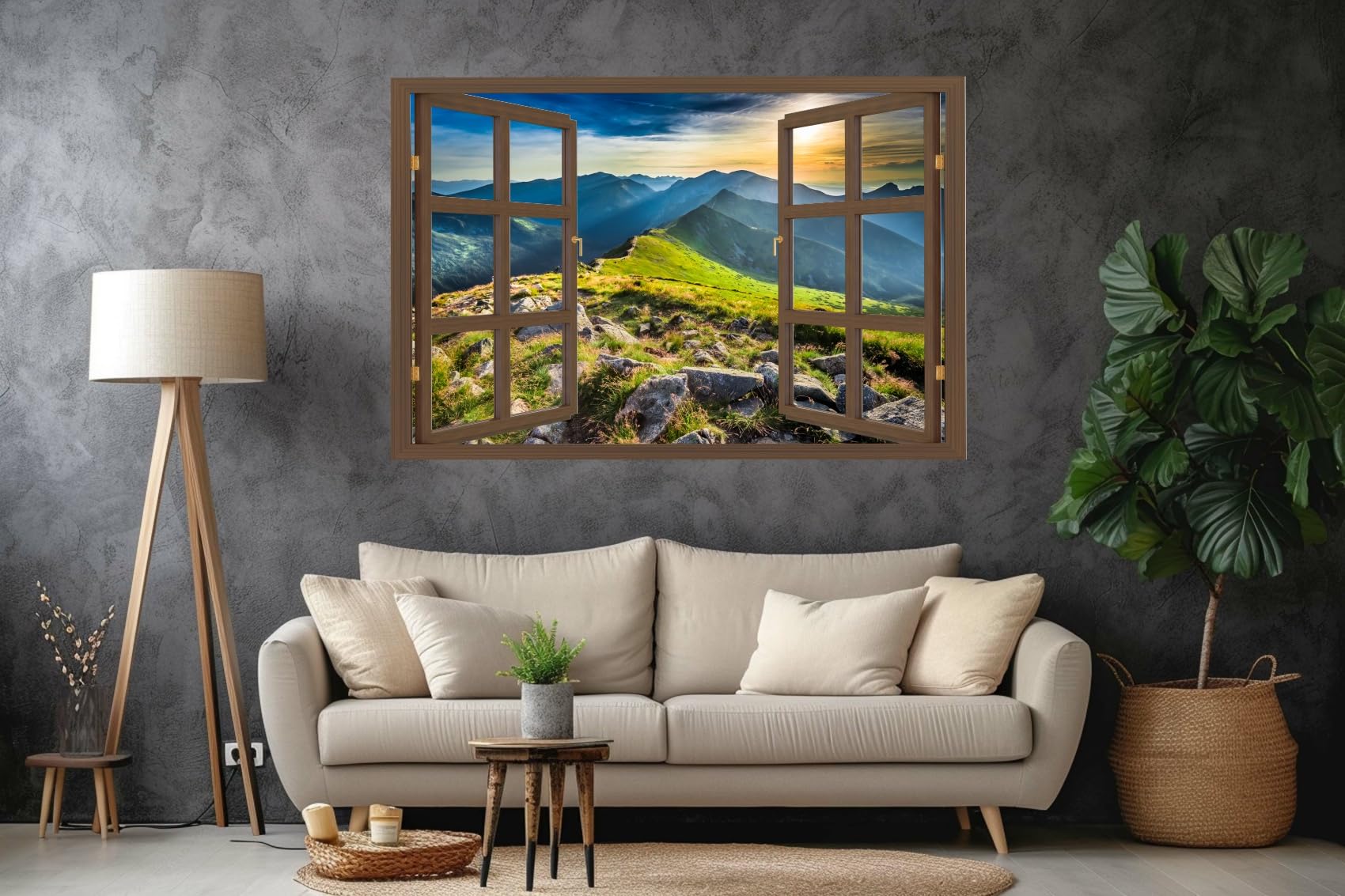 Wandtattoo - Wanddeko - Selbstklebende Folie - Fototapete - Wandsticker - Fototapete 3d Effekt - Selbstklebende Tapete - Fenster & Berg Motiv - Berge, Sonnenuntergang - 150x100cm