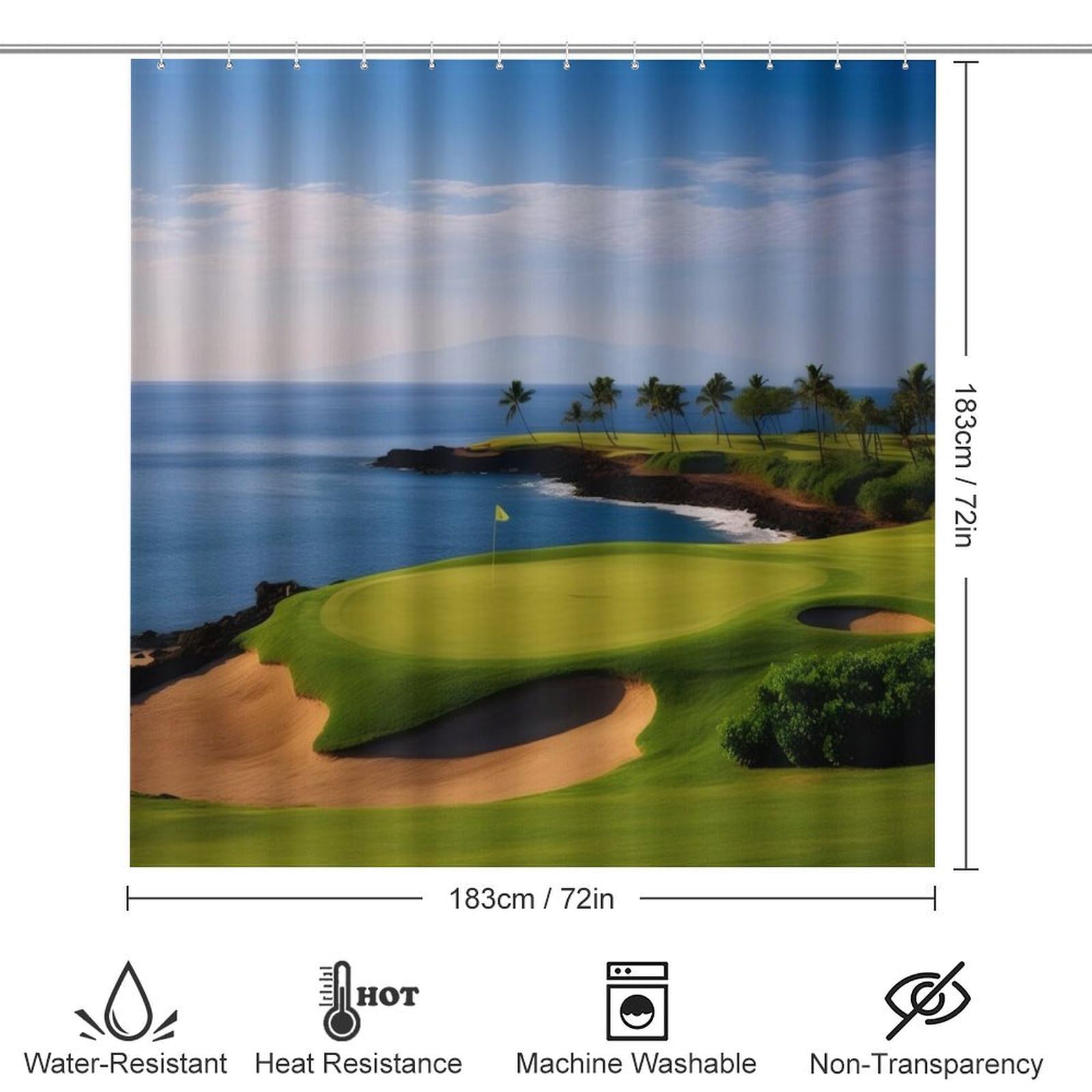 Golf Course Print Four Piece Bathroom Set 183 * 183cm Shower Curtain, Non-Slip Floor Mats, U-Shaped Mat, and Toilet Lid Cover