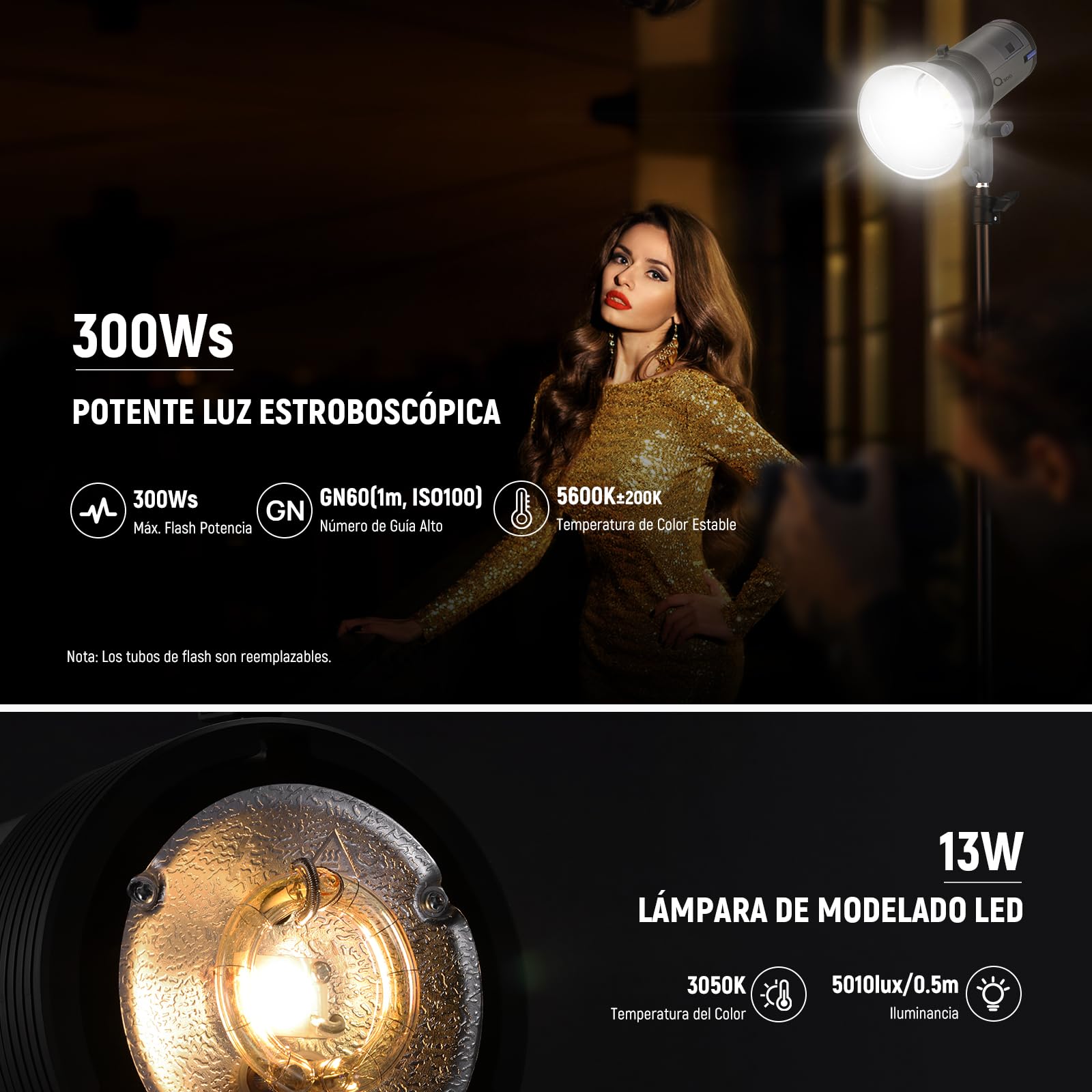 NEEWER Q300 300W 2,4GHz Flash Estudio Exteriores con Disparador Inalámbrico Q Compact, 7800mAh Batería Iones Litio Strobe Luz Estudio Luz Fotografía Monoluz Inalámbrico 1000 Potencia, Paño Limpieza