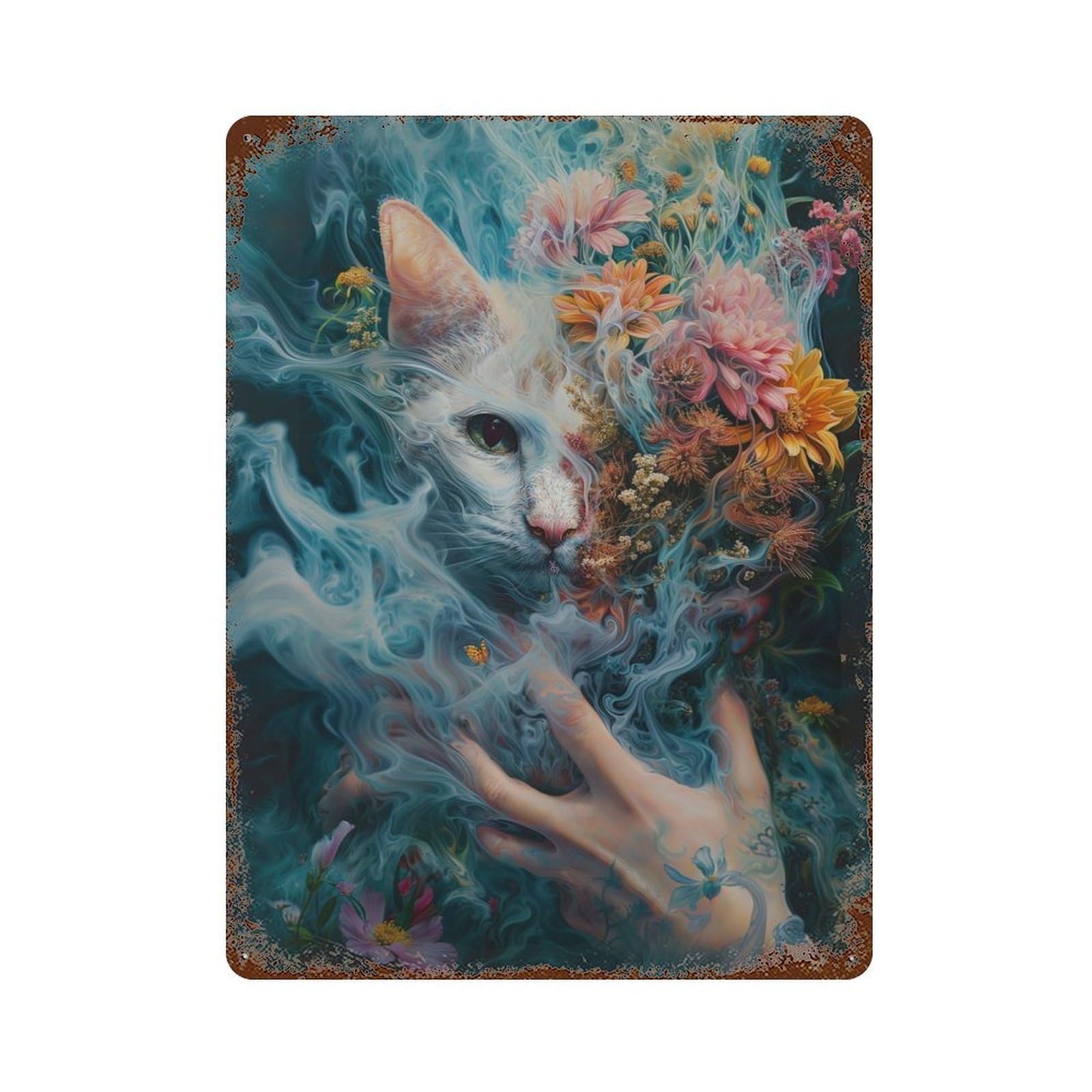 Rust Effect Tin Sign with Ethereal Feline Design 15.7"x11.8", for Pub, Kitchen And Man Cave Decor, Industrial Home Decor