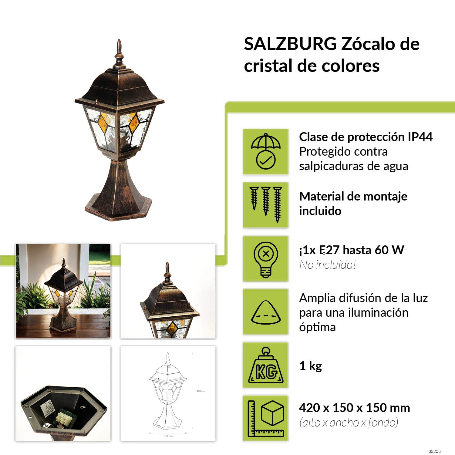 Licht-Erlebnisse Lámpara de pie de exterior sobremuro de cristal de cobre antiguo A:42cm E27 Lámpara de Pedestal Iluminación de terraza balcón jardín