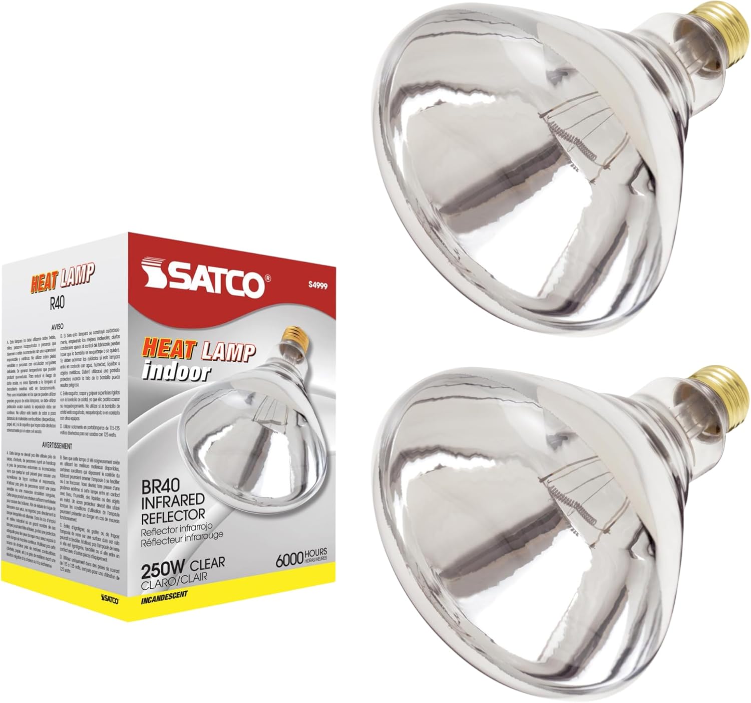 Satco S4999-250 Watt BR40 Heat Lamp Bulb, Clear Finish, Incandescent Reflector, Medium E26 Base, 2700K Warm White, 120V, Dimmable, 6000 Hour Life, CSAus Listed (2 Pack)