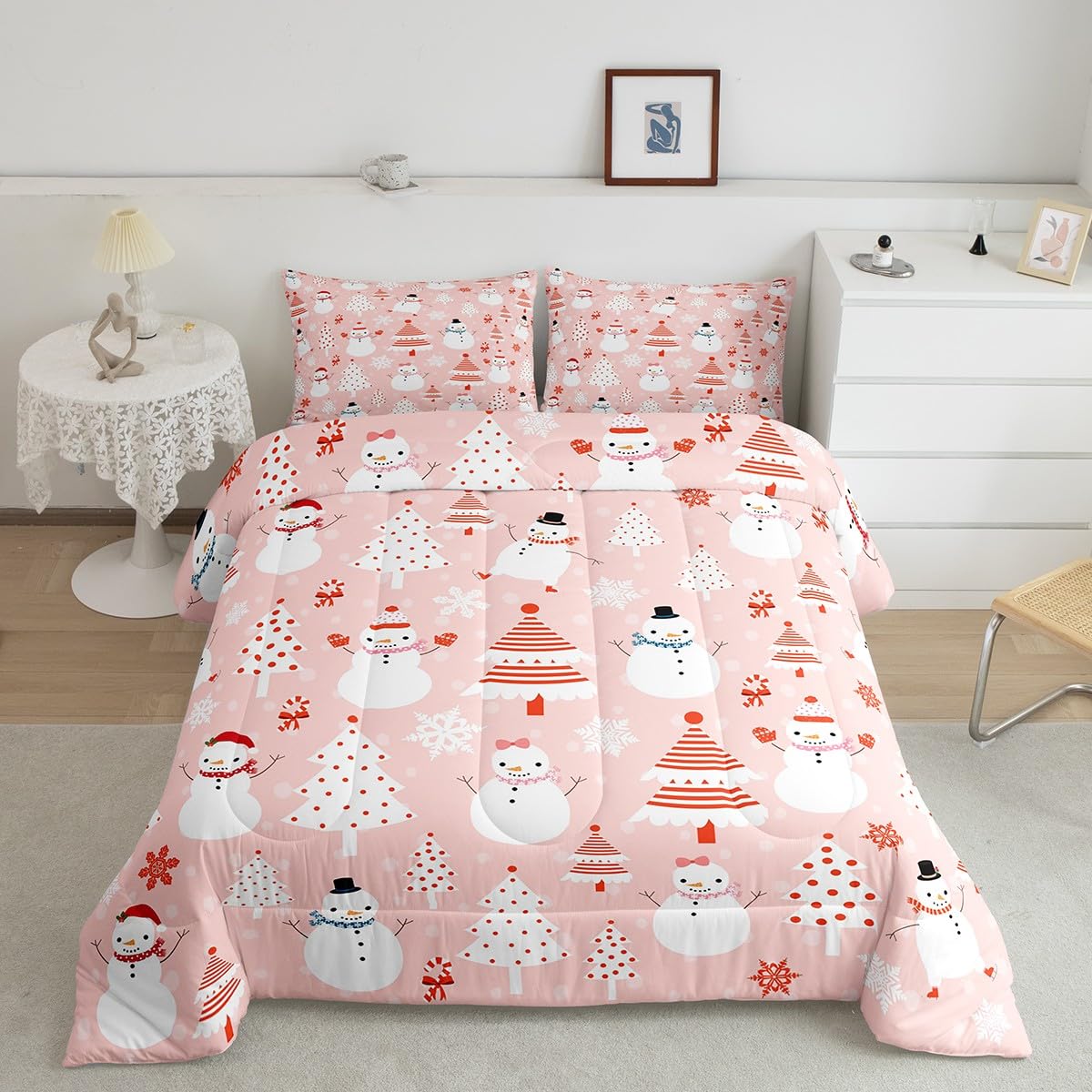 Christmas Kids Comforter Set Cartoon Snowman Bedding Set for Boys Girls Christmas Tree Decor Comforter Pink Dots Xmas Theme Duvet Set Bedroom Comforter Inner Fill 2Pcs Twin Size