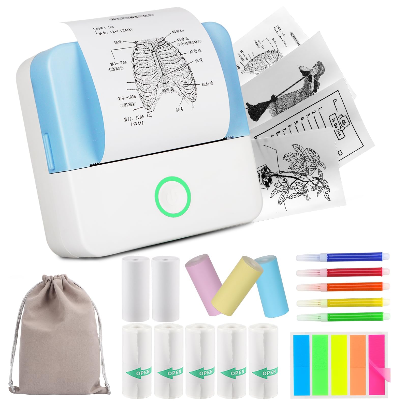 HUIJUTCHEN Mini Pocket Printer Portable Thermal Photo Printer with 10 Rolls Printing Paper for Android or iOS APP Bluetooth Inkless Printer Labler Maker (Blue and White)