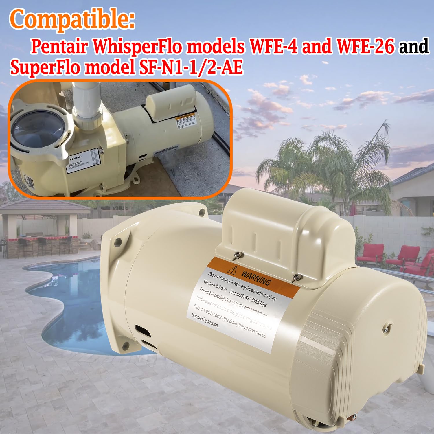 Deecaray 355010S Replacement Motor, 1 Horsepower, 115/208-230 Volts, 1 Speed, Energy Efficient, Full, Compatible with Pentair WhisperFlo WFE-4 and WFE-26 and SuperFlo SF-N1-1-1/2-AE