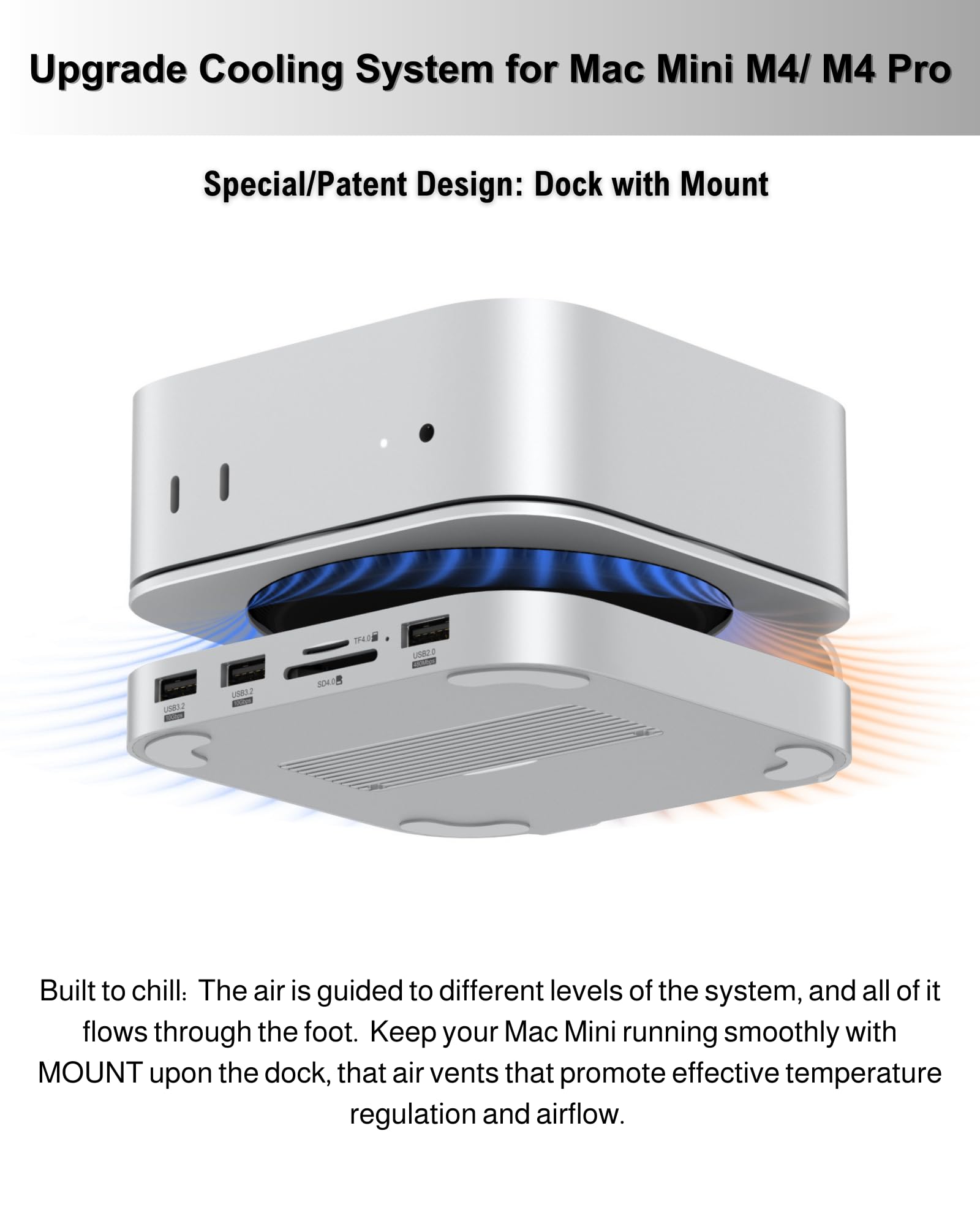 GEWOKLIY Mac Mini Dock, supporto e hub in alluminio per Mac Mini M4/M4 Pro 2024 con alloggiamento SSD M.2 NVMe, HDMI 4K 60Hz, 2X USB-A 10Gbps, lettori di schede SD/TF, accessori dati USB 2.0 (argento)