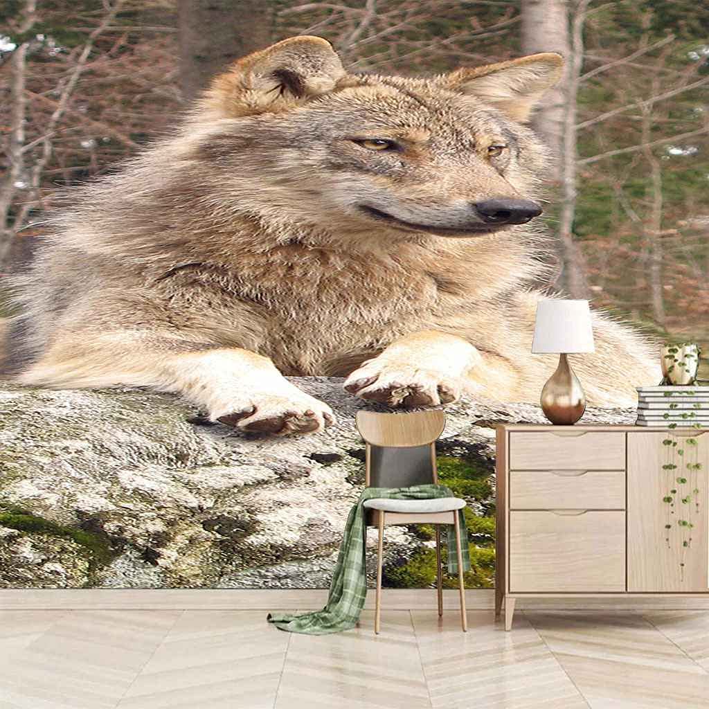 Papier Peint Loup Sauvage pour Salon et Chambre : Poster Géant Effet Trompe l'Oeil