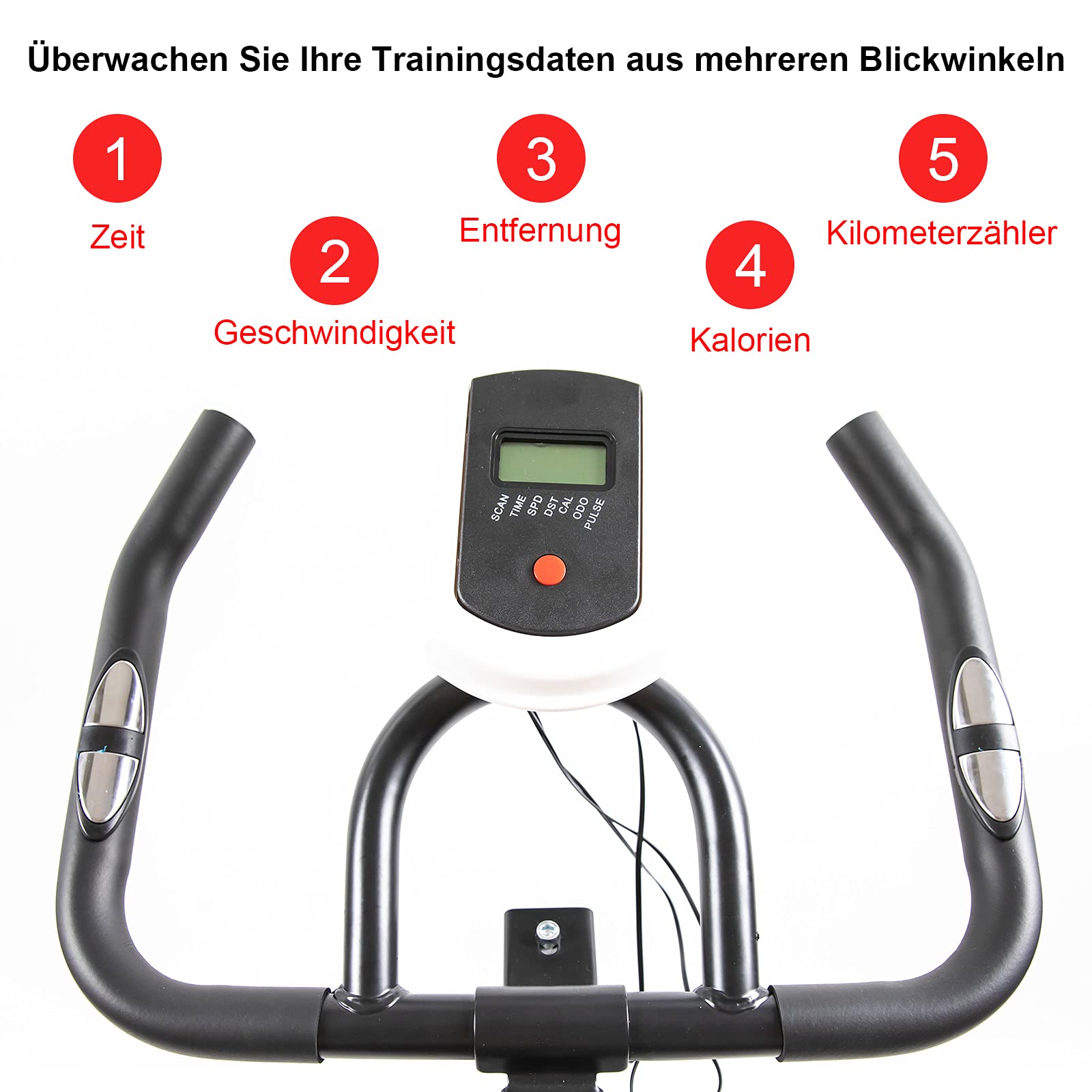 PUCHIKA Rower treningowy do użytku wewnątrz i na zewnątrz, rower spinningowy, Speedbike, z regulowaną kierownicą, wyświetlaczem LCD z miernikiem tętna, 10 kg koło zamachowe, waga użytkownika do 120 kg, czarny i czerwony.