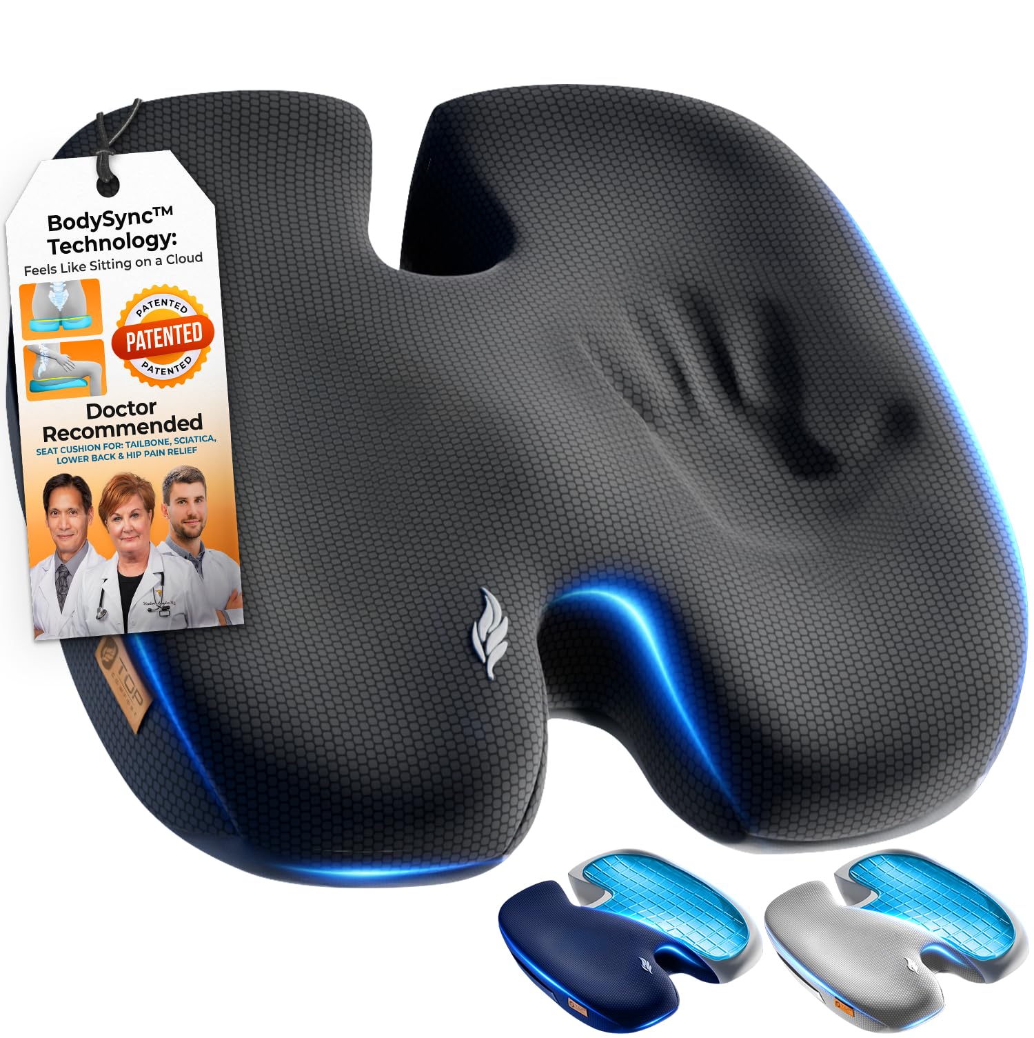 TOP COMFORT Seat Cushion, BodySync™ Technology with Non-Slip Gel & Memory Foam for Tailbone, Sciatica & Back Pain Relief, Office Chair Cushion, Car