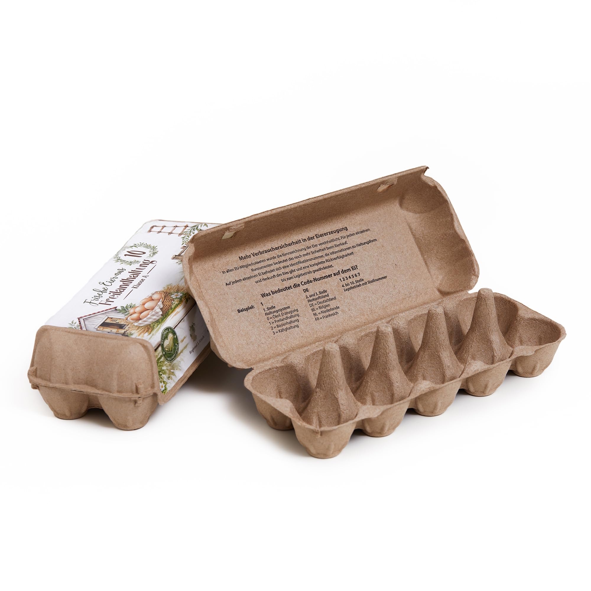 Eierschachteln "Freilandhaltung" aus Recyclingfasern, 10 Eier, Größe S/M/L Eierkartons Eierverpackung mit Aufdruck (105) | Etikett "Freilandhaltung"