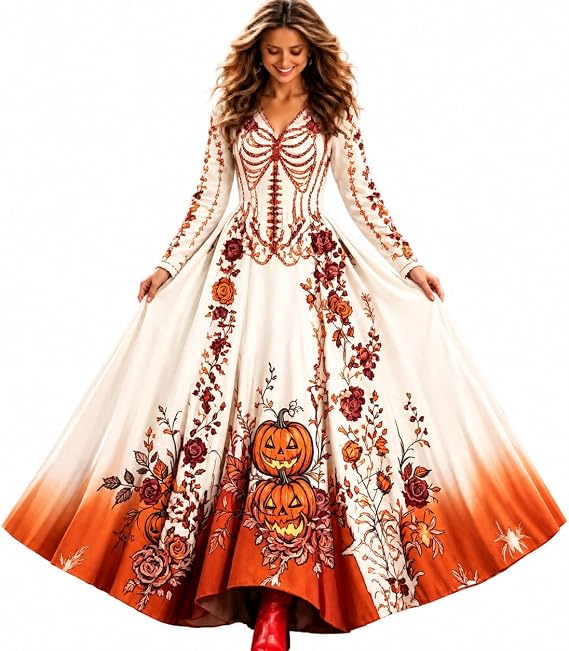 Women Halloween Sugar Skull Rose Print Maxi Dress Fall Halloween Party Gown