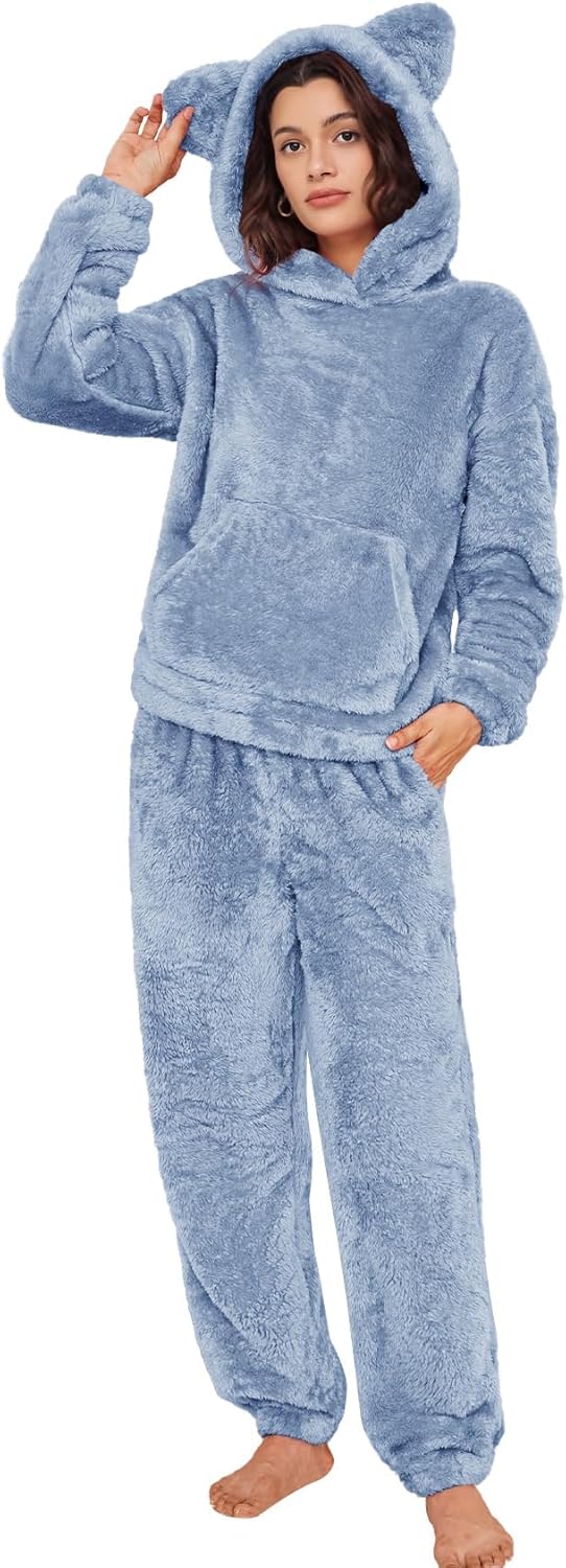 Flygo Women's Fluffy Pajamas Sets Fleece Loungewear Pullover Bear Ear Fuzzy Hoodie Plush Pants 2 Piece Sleepwear with Pockets