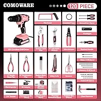 Vista 2 de COMOWARE - Juego de herramientas para el hogar rosa con taladro inalámbrico de 20V, juego de 120 piezas de herramientas manuales para mujeres, juego