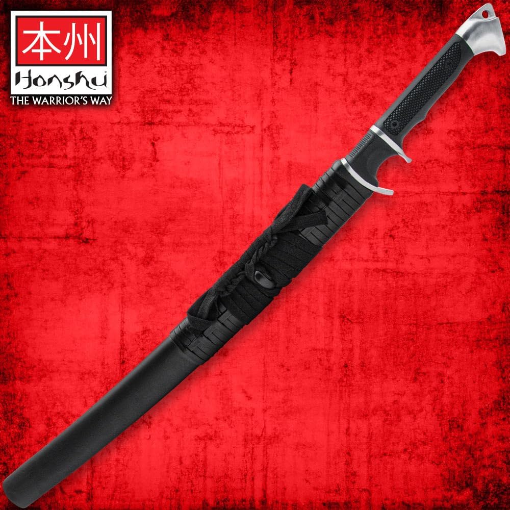 HONSHU Sub-Hilt Wakizashi Sword and Sheath |1060 High Carbon Steel Blade | TPR Handle & Carbon Steel Guard | Wooden Scabbard | Innovation on a Traditional Design | Built for Battle - Length 28 1/8"