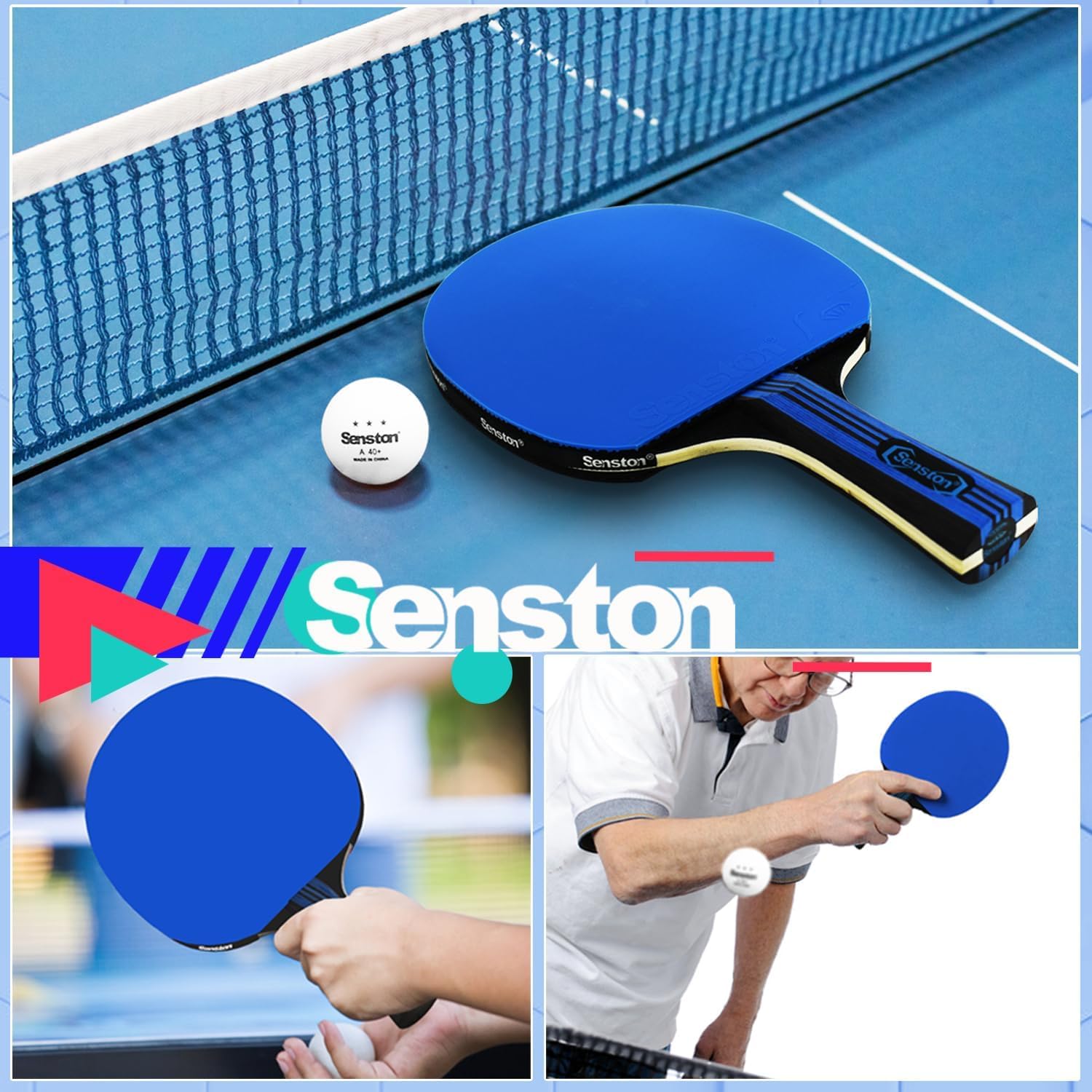 Senston Racchetta Ping Pong, 2 Racchetta da tennis da tavolo + 3 palline + 1 borsa