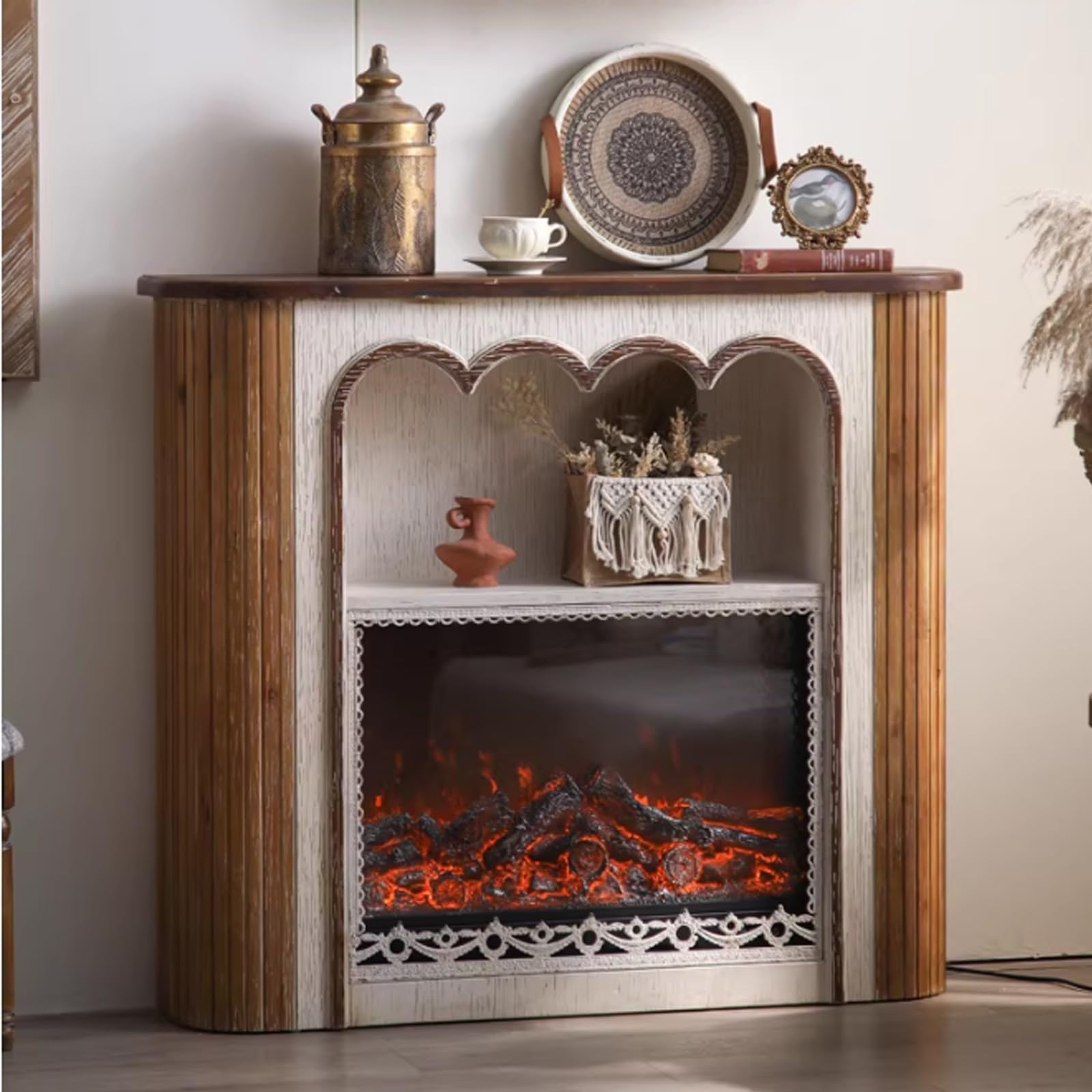 Obudowa kominka z półką Kominek elektryczny z kominkiem i otwartą półką Brak efektu płomienia LED Efekt Drewno postarzane(Decorative core)