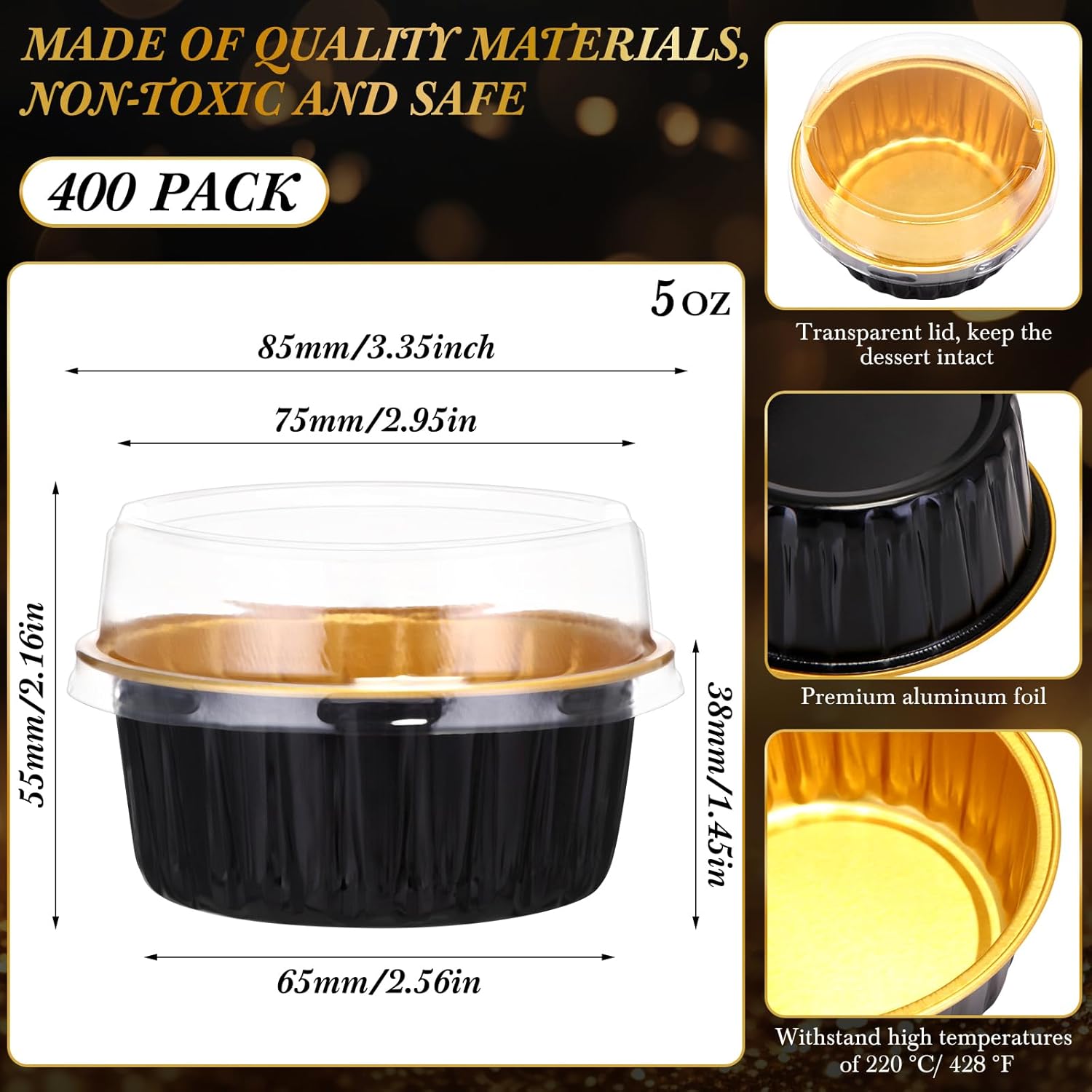 Gejoy 400 Pcs Aluminum Foil Baking Cups with Lids 5 oz Disposable Ramekins Mini Cake Pans Creme Brulee Cupcake Liners Muffin Tins Flan Mold Dessert Container for Wedding(Black, Gold,Classic)