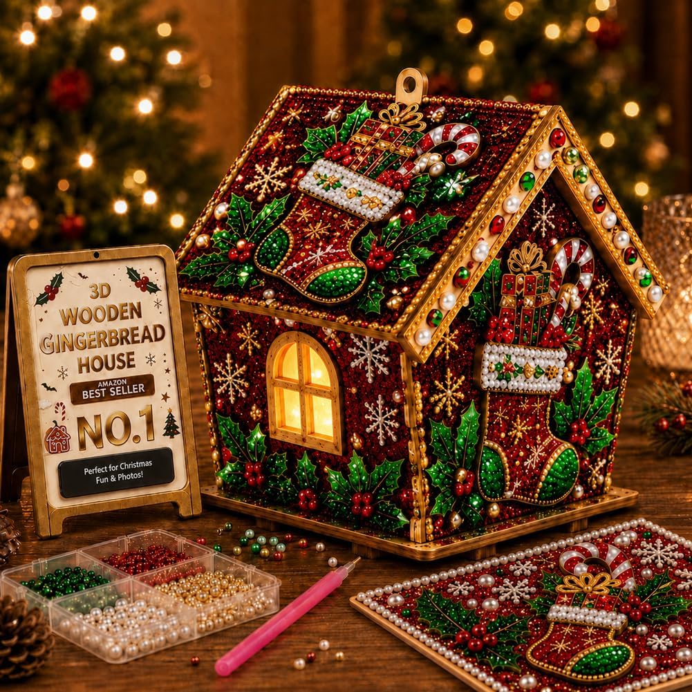 3D Wooden Christmas Gingerbread House Pearl Art Kit,Multiple House Styles