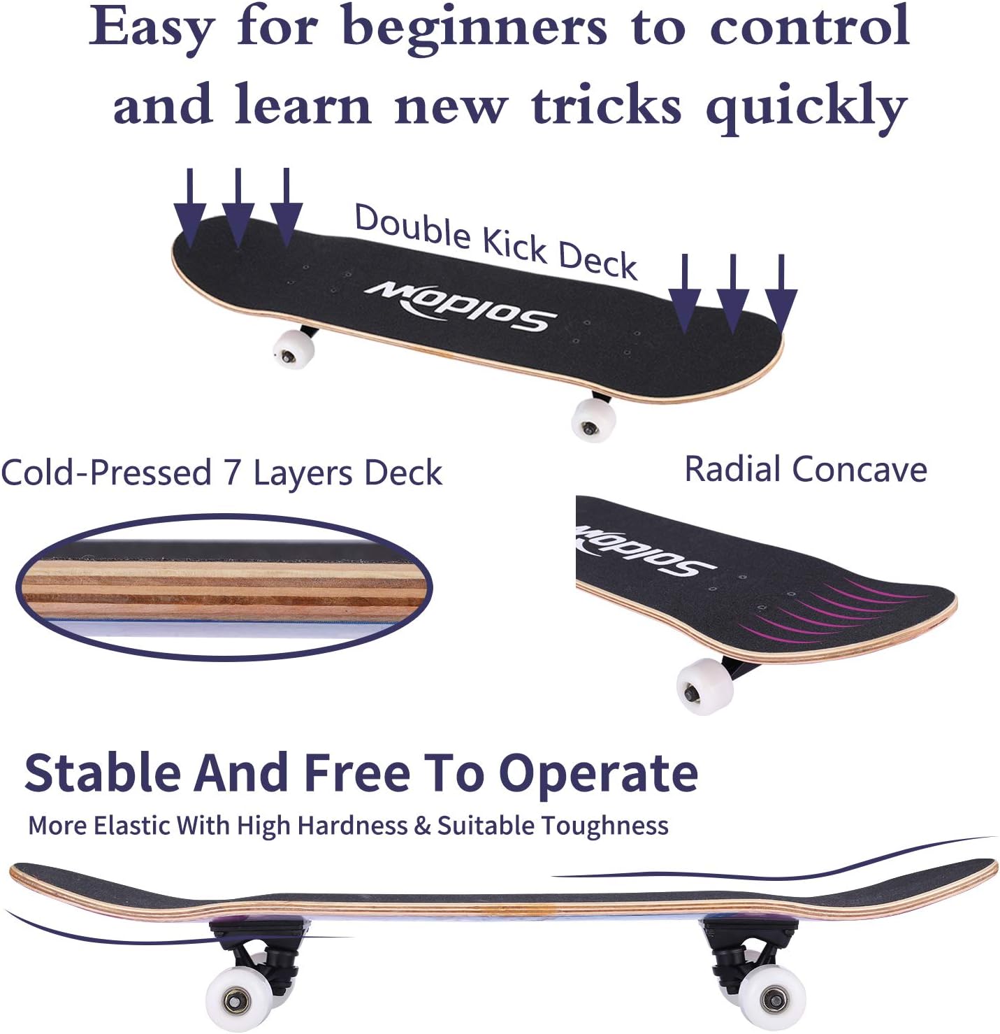 Skateboards for Beginners 31 x 8 Inch，Soldow Complete Skateboard for Kids/ Teens/ Adults, 7 Layer Canadian Maple Longboard Double Kick Concave Standard Trick Skateboards for Boys and Girls : Sports & Outdoors