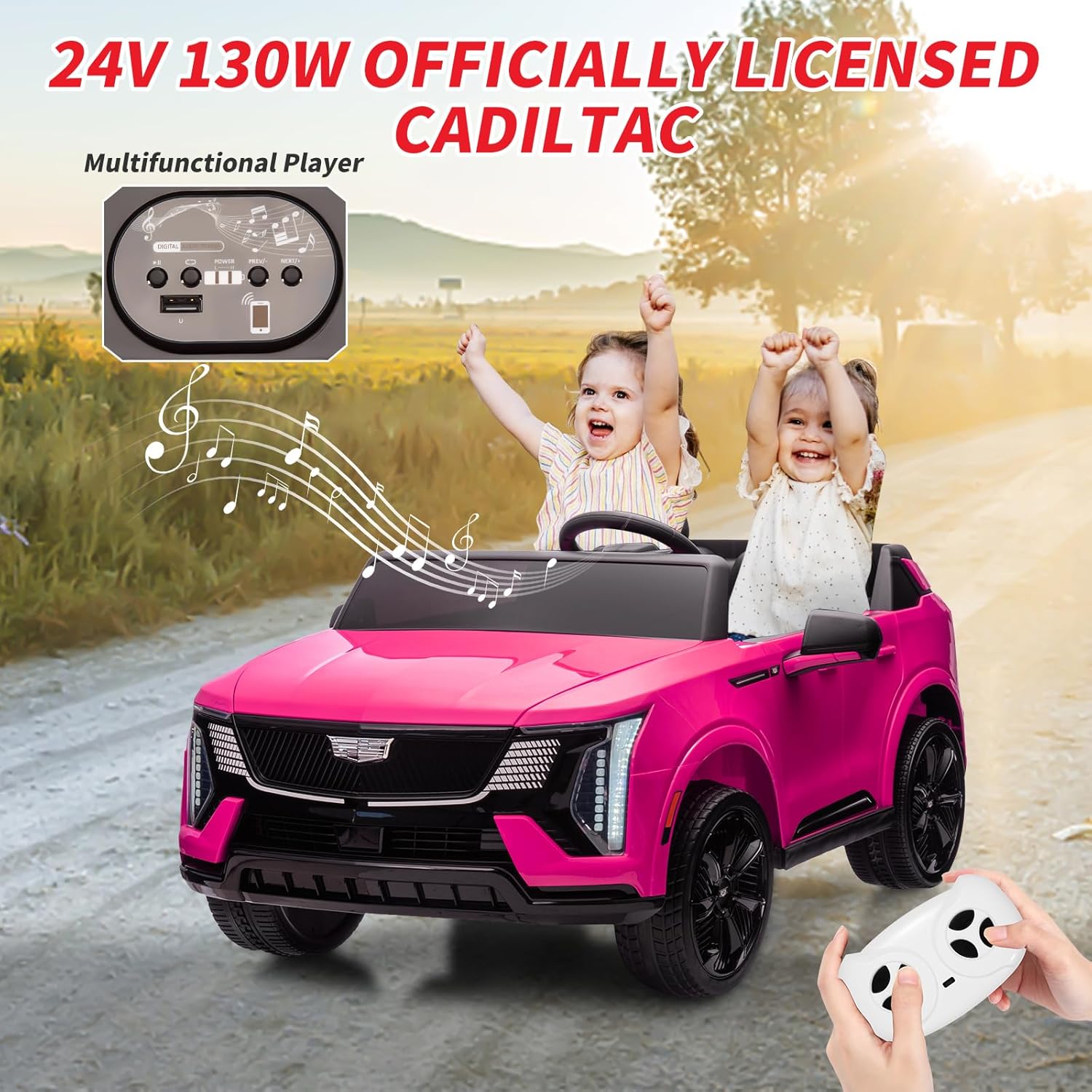 2 Seater Ride on Car for Kids 24V Electric Car Toy Toddlers Battery Powered Ride on Truck with 2.4G Remote Control, Full-Wheel Suspension, Music, LED Lights, Pink