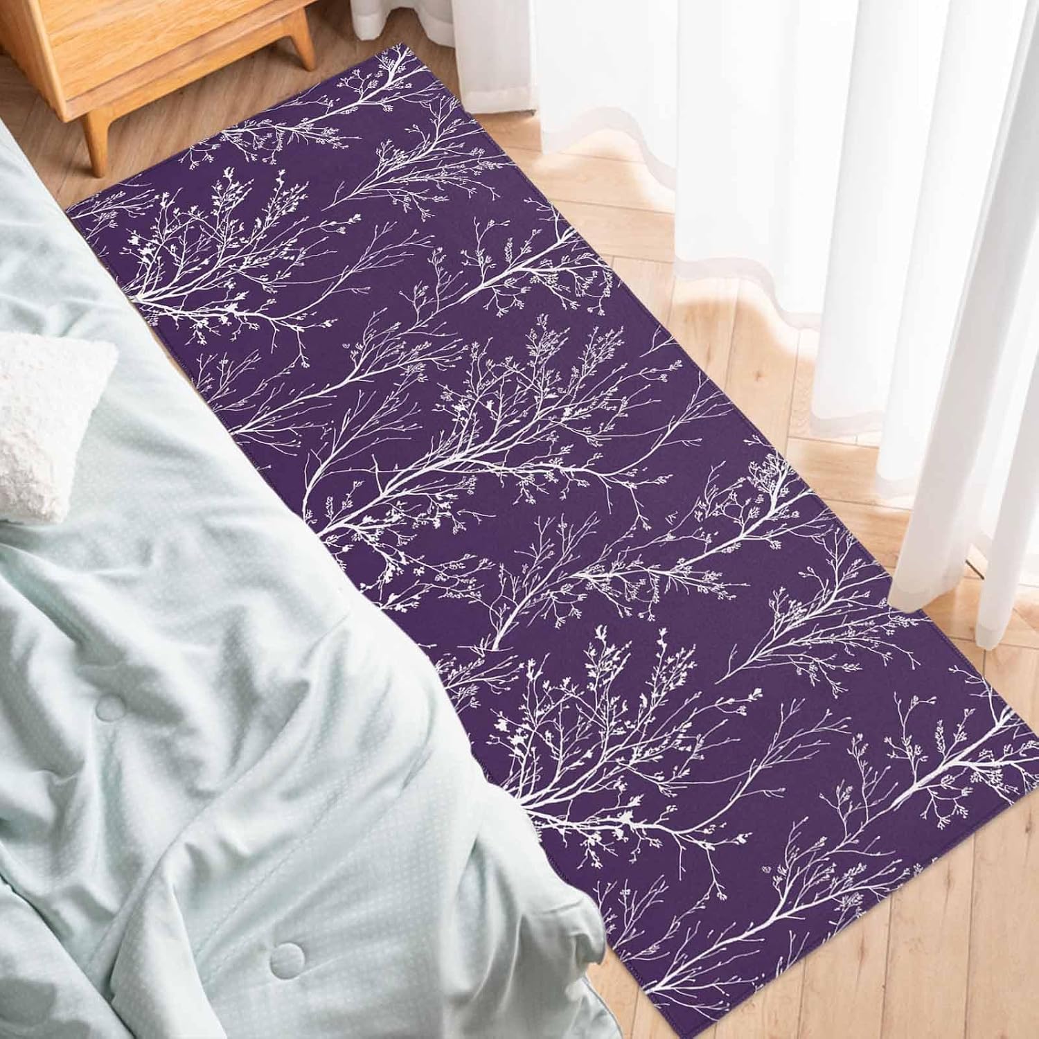 Teamery Kitchen Mats for Floor Abstract White Tree on Purple Washable Non Slip Kitchen Rugs 1PCS, Modern Plant Branch Absorbent Standing Mats for Sink Bathroom Office Living Room 15.7x47.2in