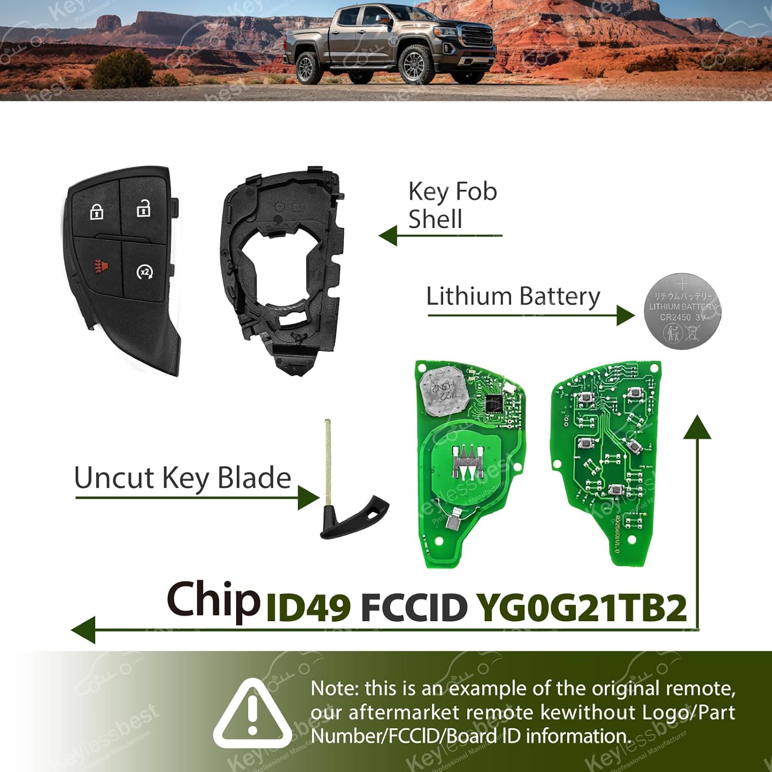 Replacement for 2023 2024 2025 GMC Canyon Sierra Key Fob Remote Control YG0G21TB2 4 Buttons 433MHz
