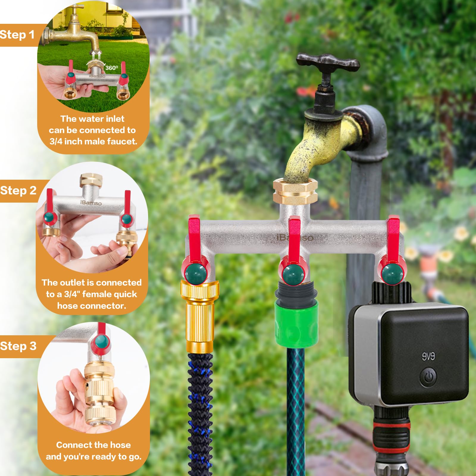 iBamso Brass Garden Hose Splitter, 3/4 Inch 3 Way Tap Diverter High Flow Outlet with Individual Valve and Extended Handle - Image 4