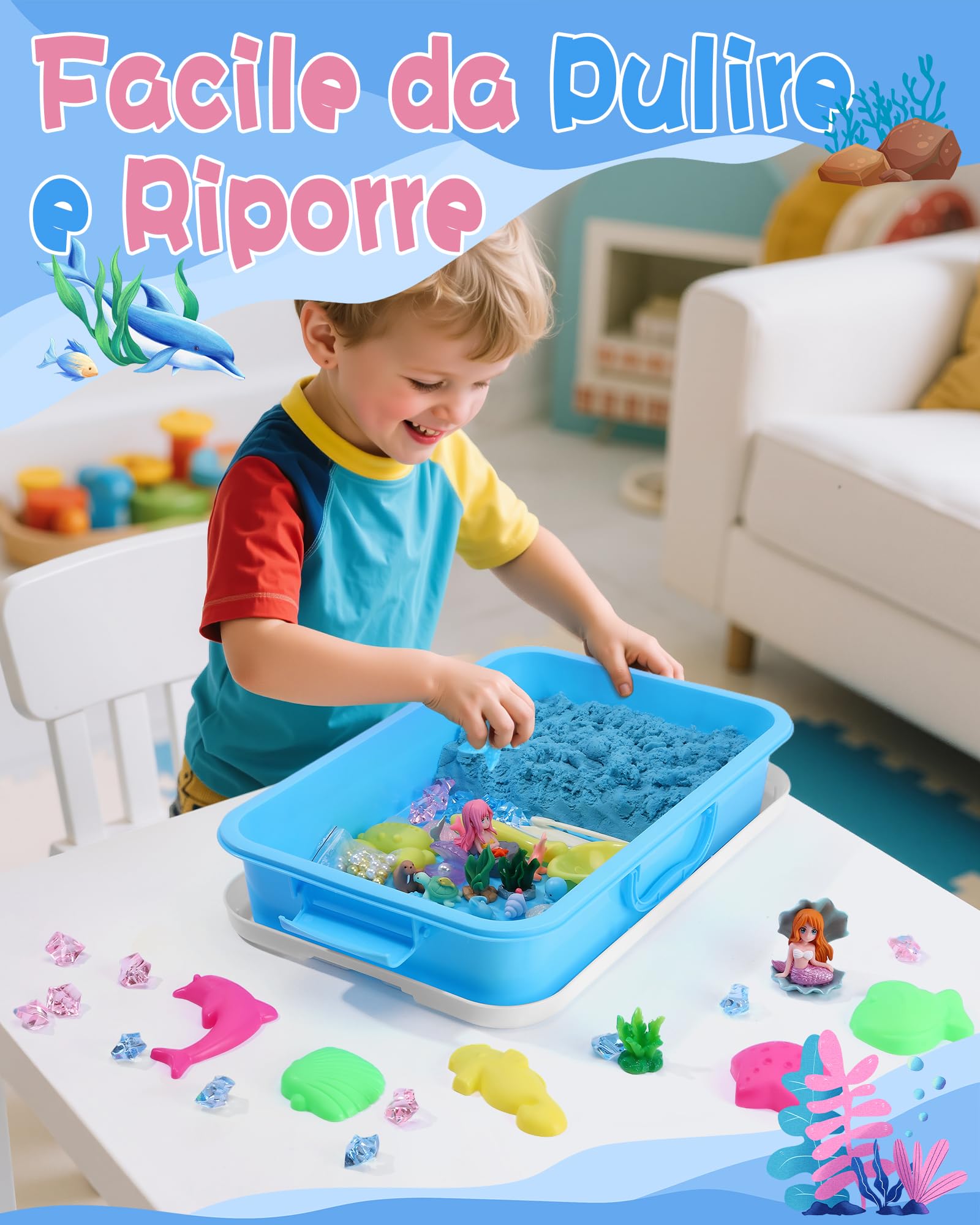 cycletour Magic Sand Set Ocean Series, set di sabbia magica, contiene 1 kg di sabbia magica blu, una sabbiera coperta e 47 giocattoli di sabbia, sabbia magica per bambini dai 3 anni in su