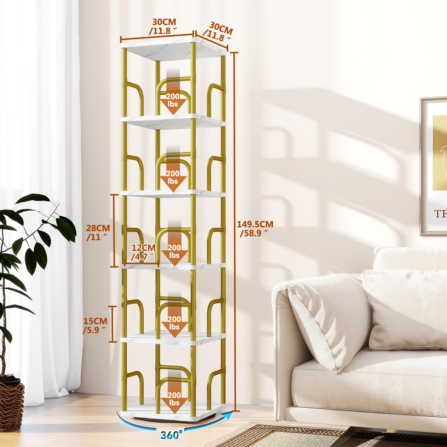 IBUYKE Librerias Girevole a 5 Ripiani,Libreria Verticale,Girevole a 360° con Display,Libreria da Pavimento,Scaffale in Piedi Multifunzionale per Camera da Letto, Soggiorno,Bianco,TBC005GW