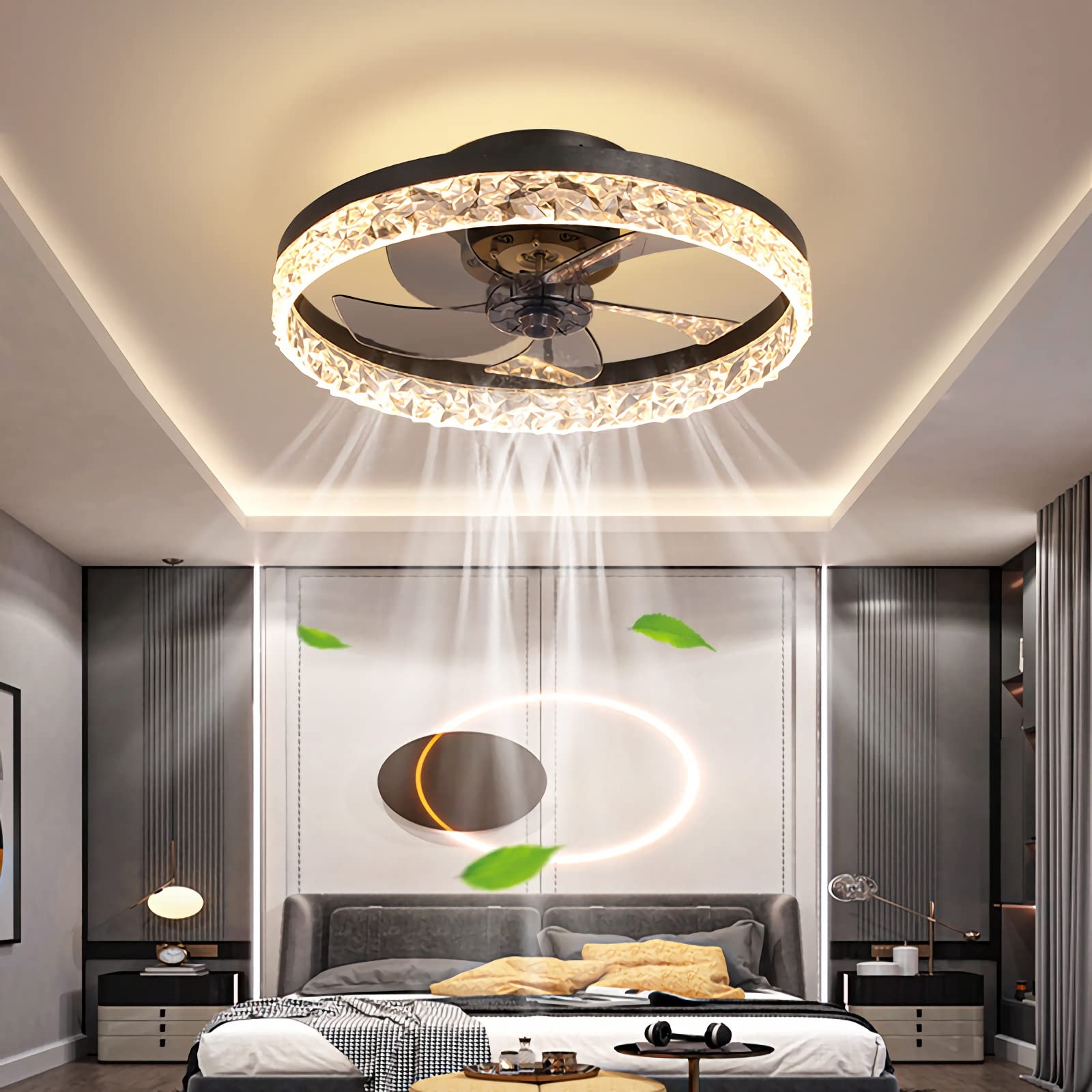 YUNZI 19.7" Ceiling Fan with Light and Remote Control, Indoor LED 30W Dimmable Ceiling Lamp Modern Low Profile Ceiling Fans for Living Room Bedroom Lighting, 6 Speeds, Dimming Lights, Black