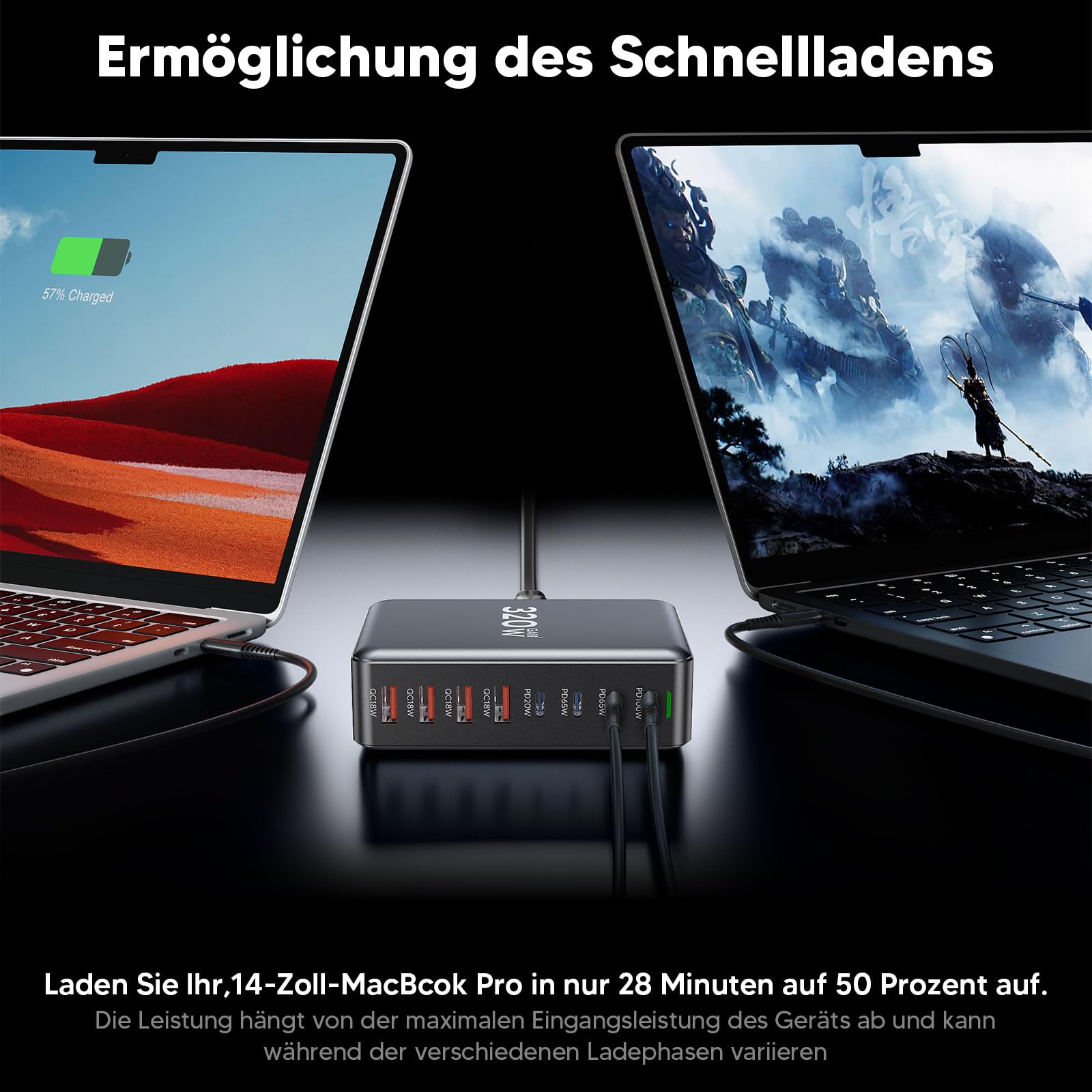 USB C Ladegerät Mehrfach: 320W 8 Anschlüsse GaN III Ladestation, USB-C PD Desktop Ladegerät mit Schnell-Laden, kompatibel mit iPhone, Samsung, MacBook,Dell,SteamDeck und mehr