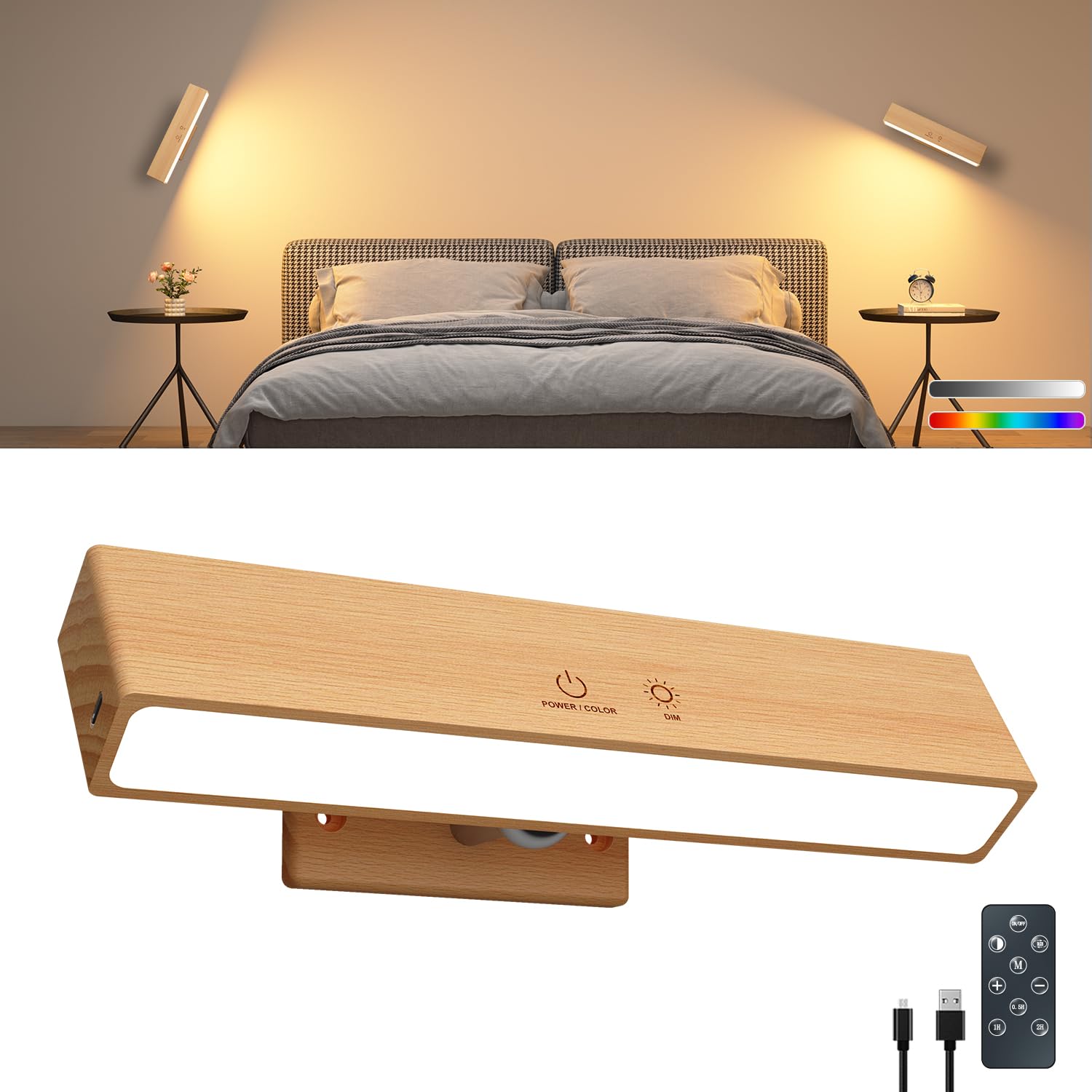 Rechargeable Wall Lights Indoor Beech Wood with Remote,5200mAh Battery Operated Wall Lights,Magnetic,Stick On,Dimmable RGB & 3 Colour Temperature,Wireless Wall Mounted Reading Lights for Bedroom 1Pack