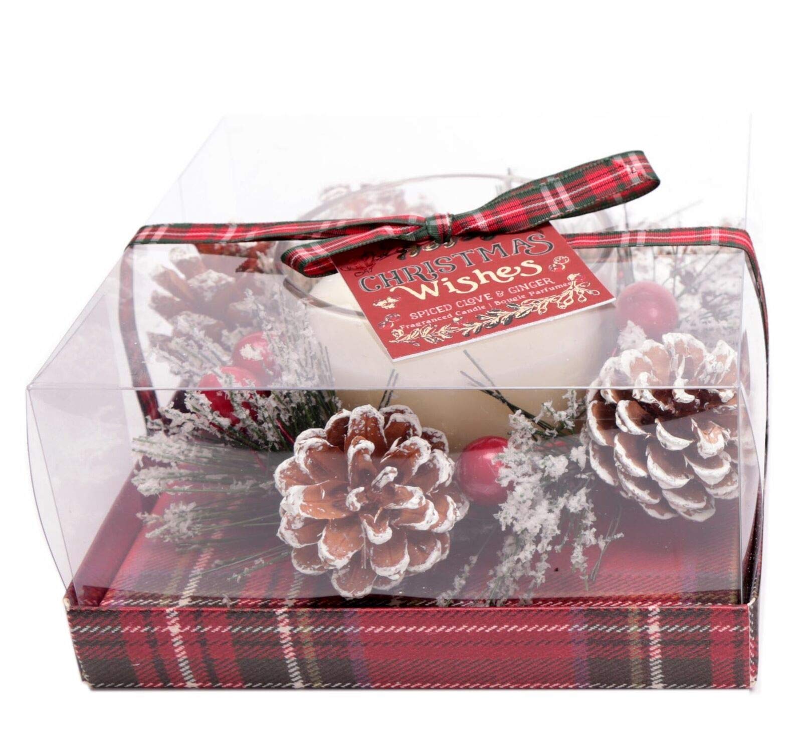 Carousel Home and Gifts Christmas Wreath Scented Fragranced Candle Pot Ornament ~ Xmas Table Centrepiece Decoration ~ White Wax - Spiced Clove & Ginger