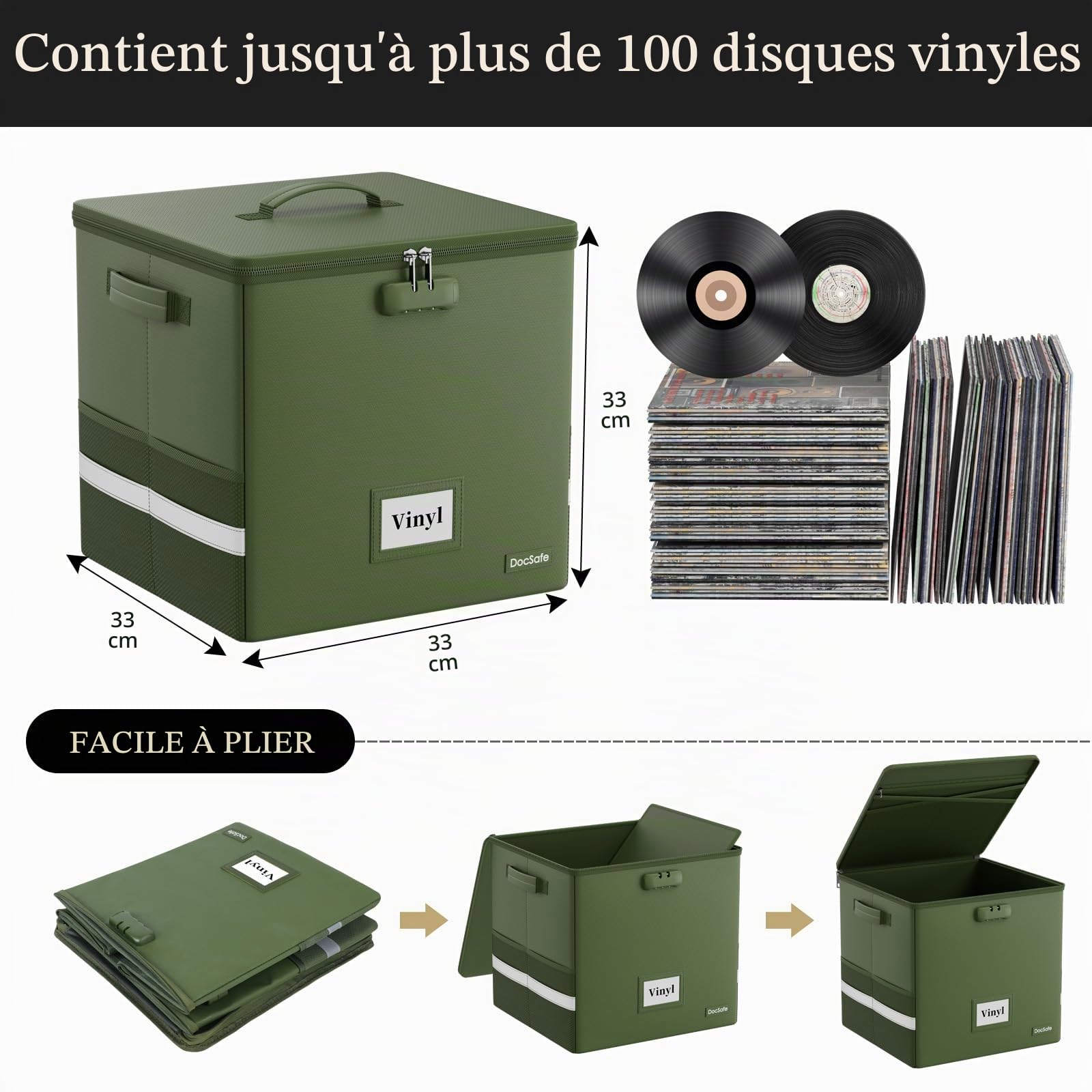 DocSafe Mallette de transport pour disques vinyles résistante au feu avec serrure, vert, 33 x 33 x 33cm, Moderne