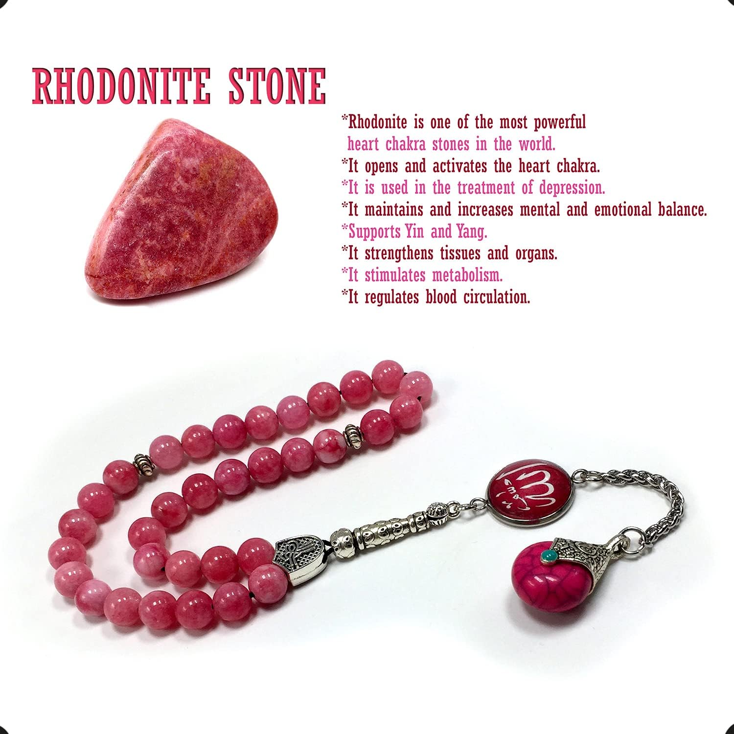 -ELEGANCE COLLECTION- Prayer Beads-Tesbih-Tasbih-Tasbeeh-Misbaha-Masbaha-Subha-Sebha-Sibha-Rosary (Natural Rhodonite Stone and Teardrop Tassel Tesbih -8 mm, 33 Beads-)
