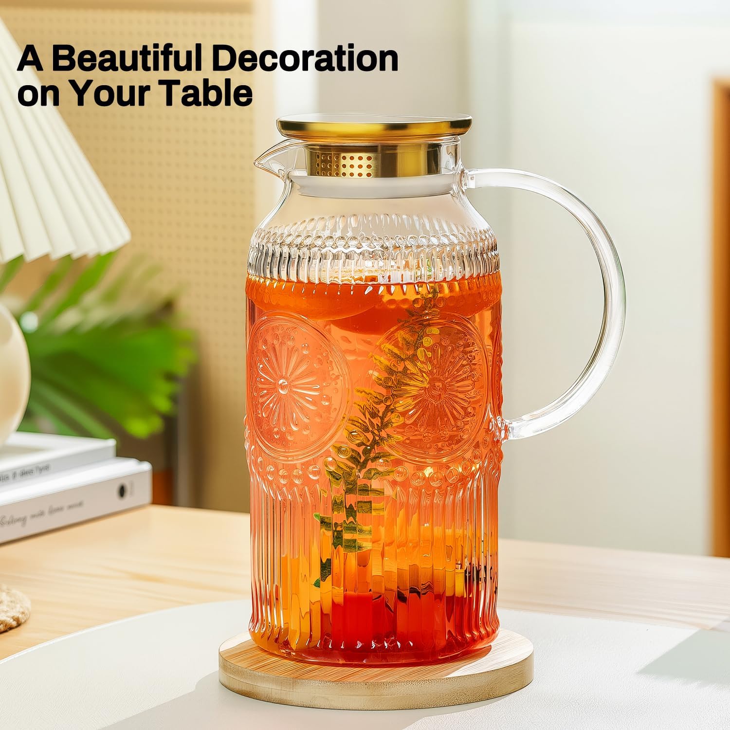 Glass Pitcher with Lid and Handle, 2 PACK 68 oz/2 Liter Vintage Embossed Sun Flower Water Pitcher, Clear Borosilicate Glass Water Carafe for Cold Brew, Iced Sun Tea,Beverage, Heat Resistant - Image 8