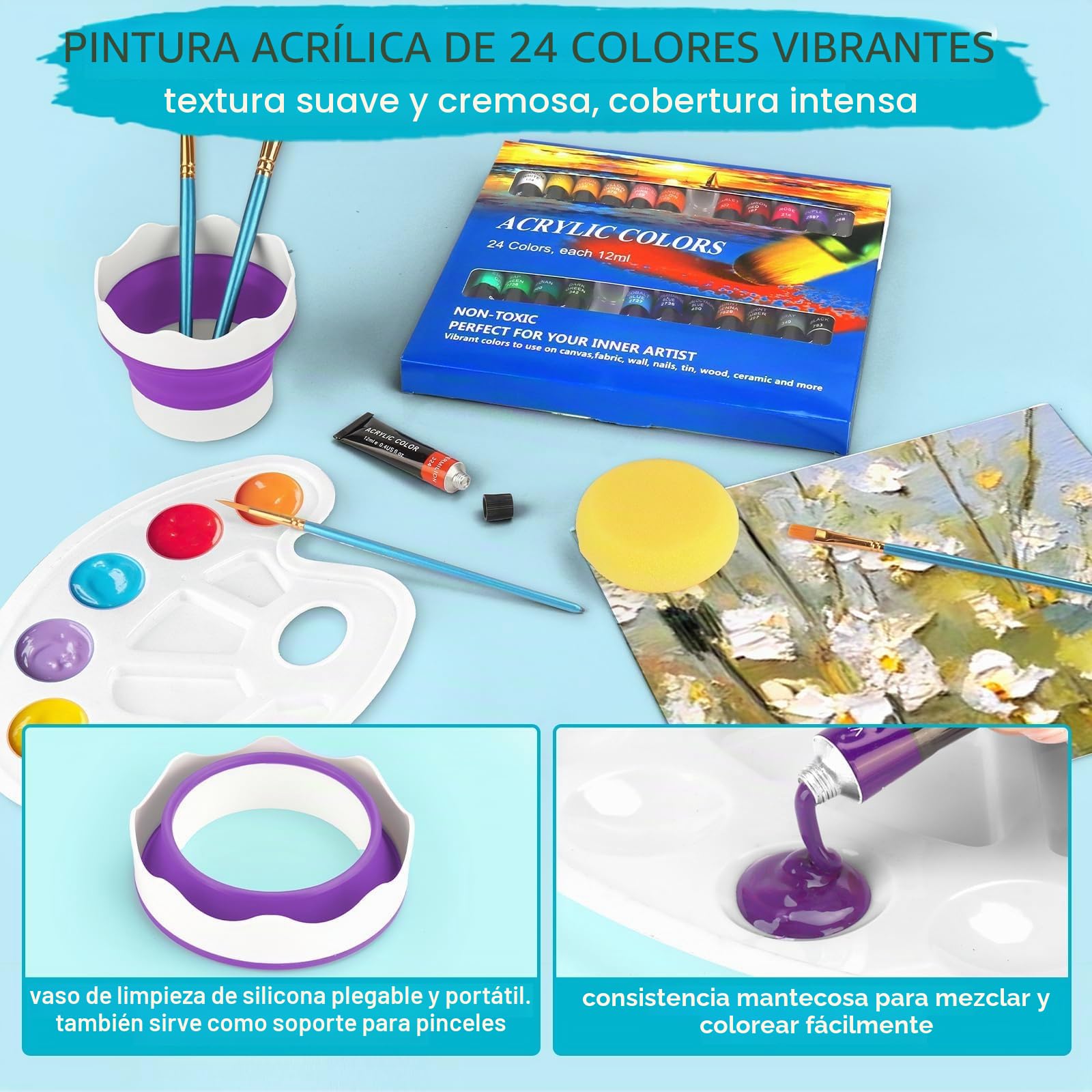 Kit de Pintura,Juego De Pinturas Acrílicas,Acrílicas 24 Colores, Con Caballete De Mesa, 8 Platos De Lienzo, 8 Pinceles, Taza De Limpieza, Esponja, Paleta,Para Artistas Principiantes