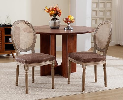 Miniatura 85 de chairus Juego de 2 sillas de comedor de ratán de granja, sillas de campo francesas de cuero con respaldo redondo, sillas laterales ovaladas para