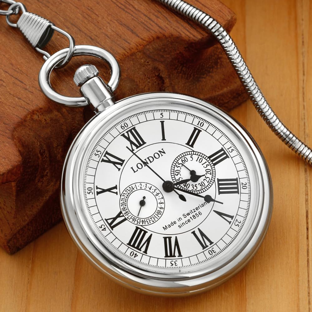 Orologio da taschino in acciaio inox, stile vintage, con disegno di treno londinese, meccanico a carica manuale, con catena
