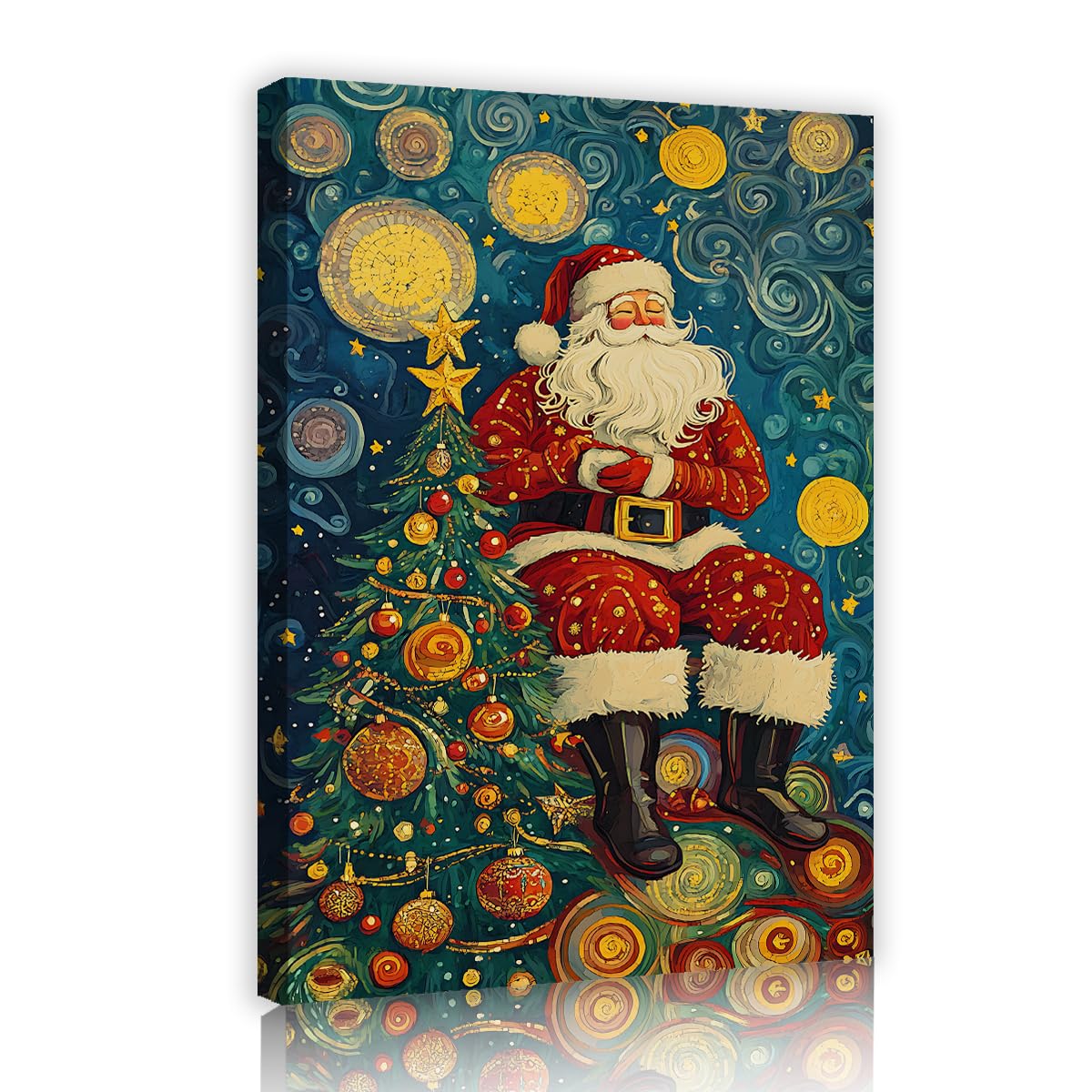 Via Vela Starry Night Style Santa Framed Canvas Wall Art for Living Room Holiday Decor Whimsical Christmas Tree Swirls Pictures Prints for Bedroom Hotel 70x110cm