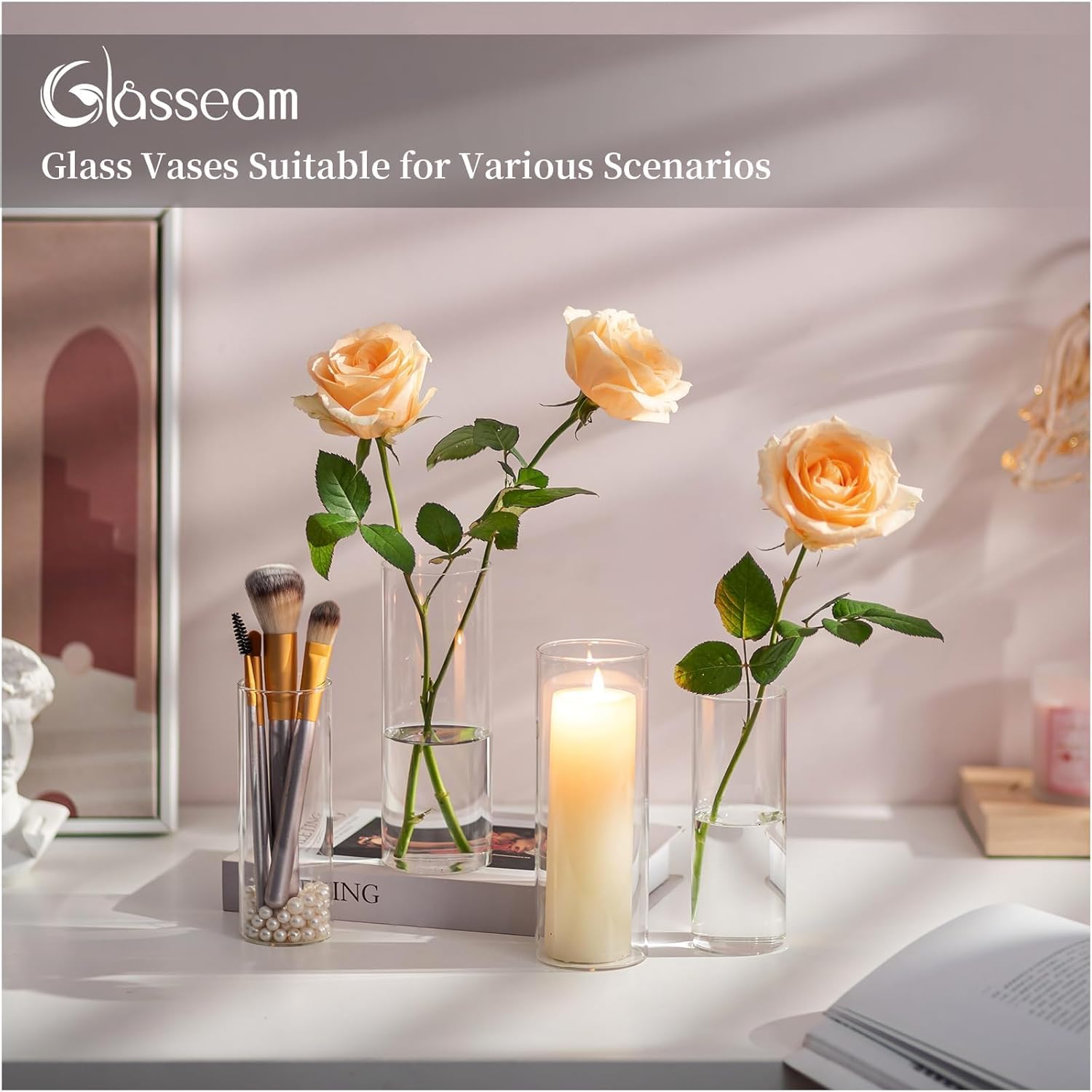 Glasseam Glass Cylinder Vase in Bulk: 12pcs Clear Small Bud Flower Vases for Centerpieces - Modern Hurricane Pillar or Floating Candle Holder for Wedding Party Table Living Room Home Decor, Tall 6"+7" - Image 4
