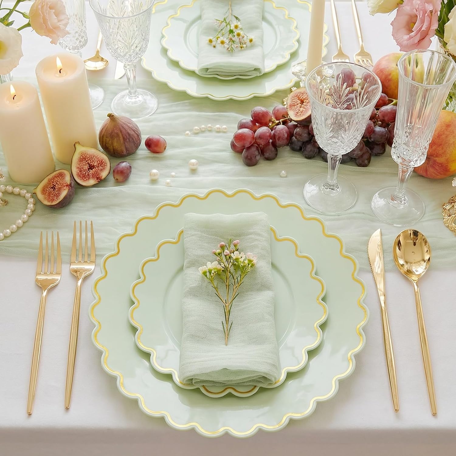 LIYH 100 Pcs Sage Green Plastic Plates for Party Scalloped Plastic Plates Includes 50 Dinner Plate 10.25" and 50 Dessert Plate 7.5" Elegant Plastic Heavy Duty Wedding Dishes (50 Guests)