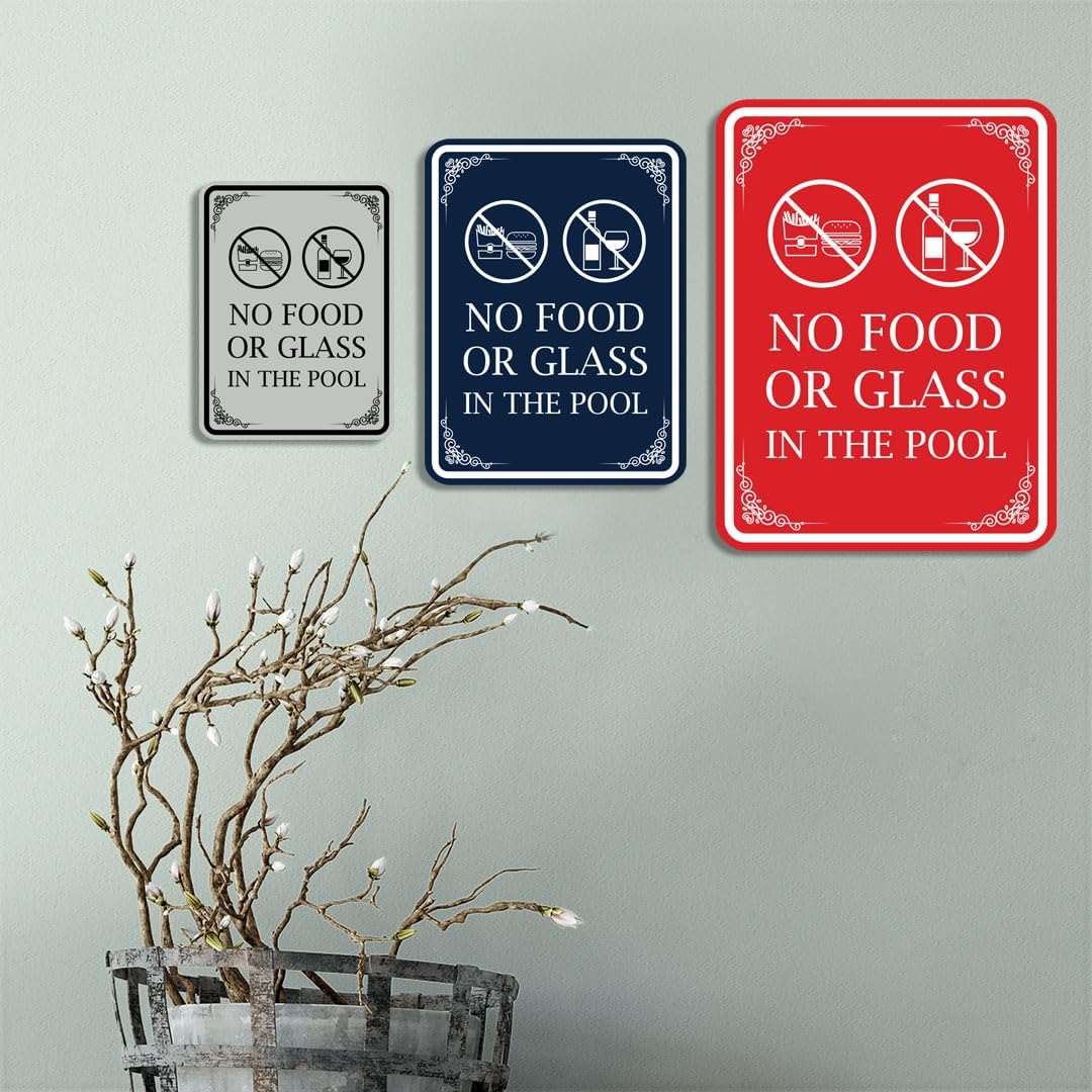 Portrait Round No Food or Glass In The Pool Door or Wall Sign | Easy Installation | Elegant Design | Pool Safety Sign (Brushed Gold) - Small (5 Pack)