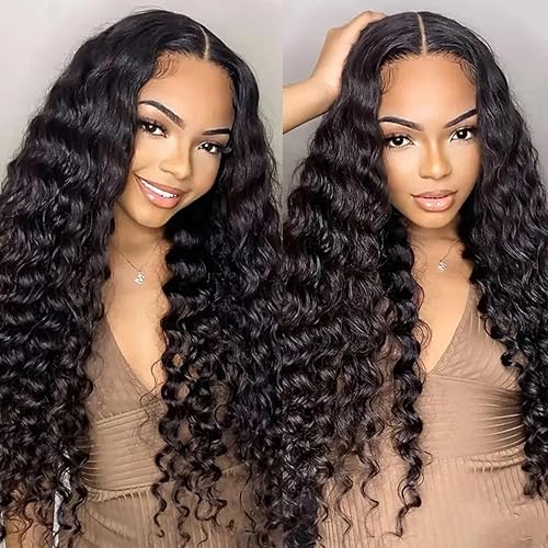13x6 Lace Front Wigs Human Hair 28 Inch Deep Wave Lace Frontal Wigs Human Hair Curly Wigs For Black Women 150% Density Glueless HD Lace Front Wigs Human Hair Pre Plucked With Baby Hair (Deep Wave Wig)