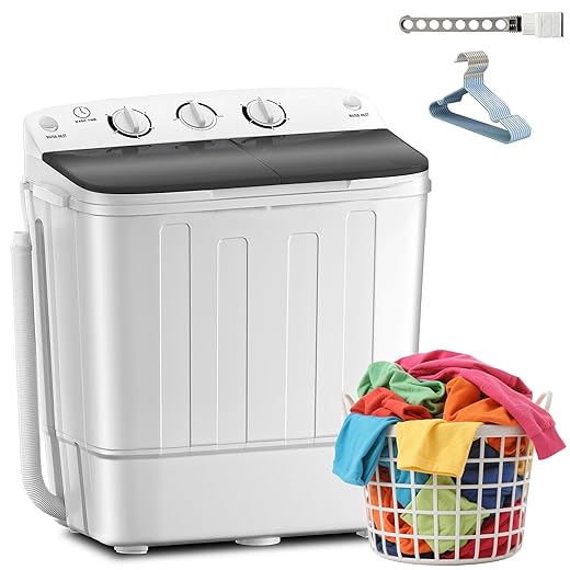Portable Twin Tub 18lbs Washing Machine with Drying Rack and 10 Hangers, 11lbs Washer Mini Compact Laundry Machine with 7lbs Spinner, Semi-automatic Washer Combo for Dorms, Apartment